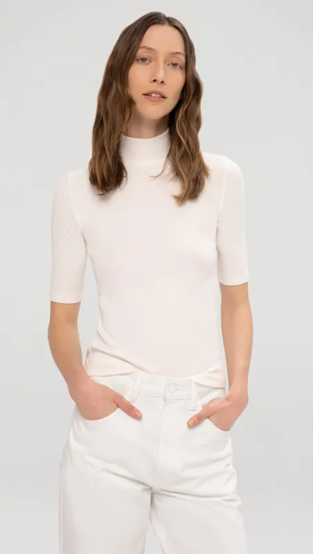 Mock Neck Tee in Ribbed Cotton | White sold by Argent