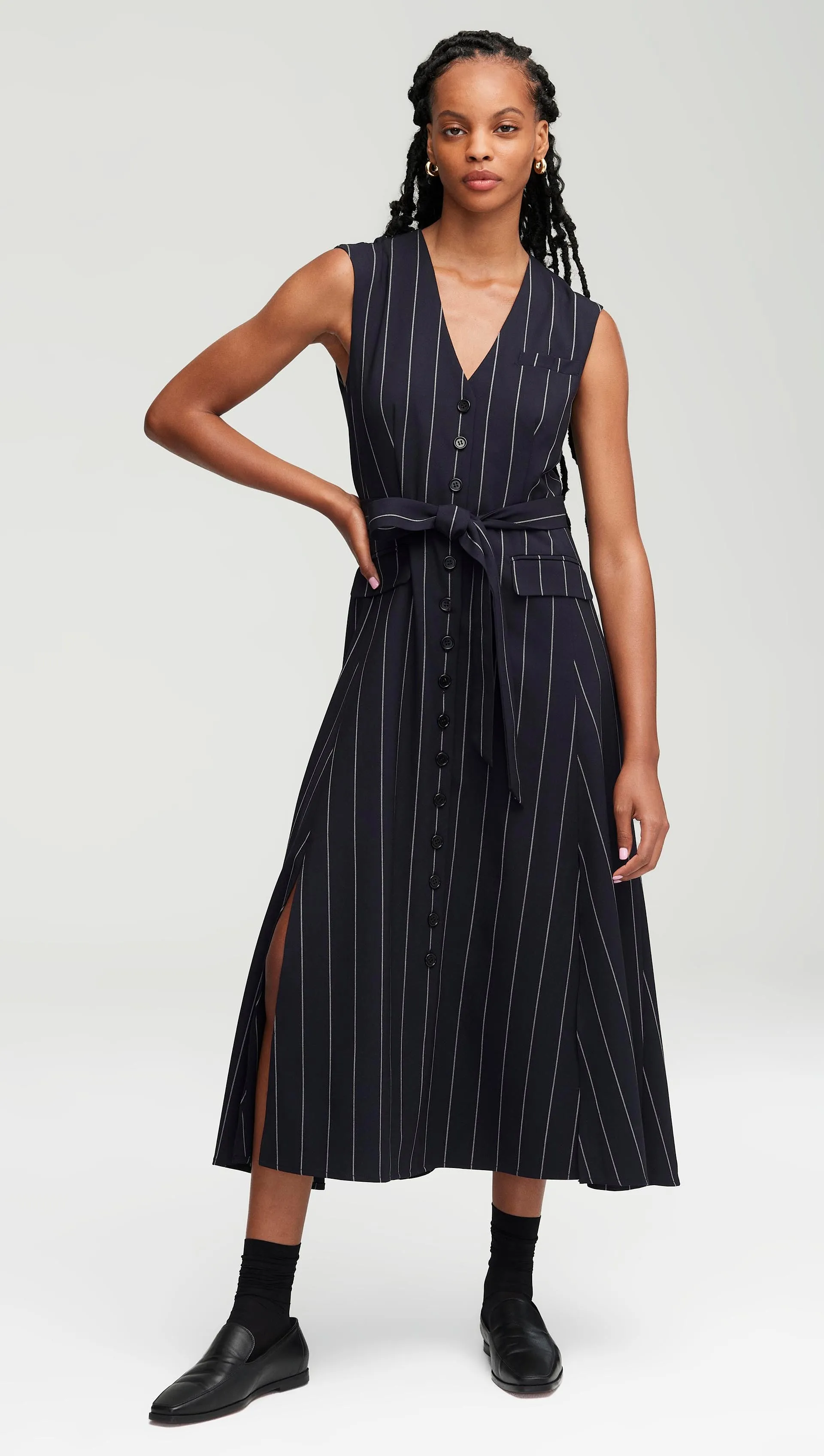 Vest Dress in Stretch Wool | Navy Stripe sold by Argent