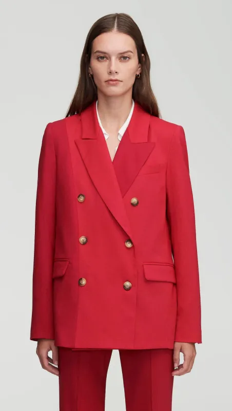 Colorblocked Peak Lapel Blazer in Seasonless Wool | Raspberry/Cranberry sold by Argent
