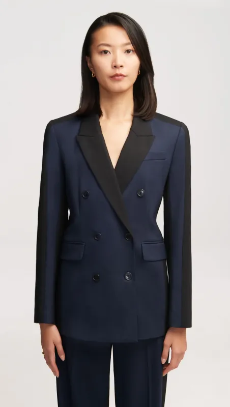 Colorblocked Double-Breasted Blazer in Seasonless Wool | Midnight/Black sold by Argent