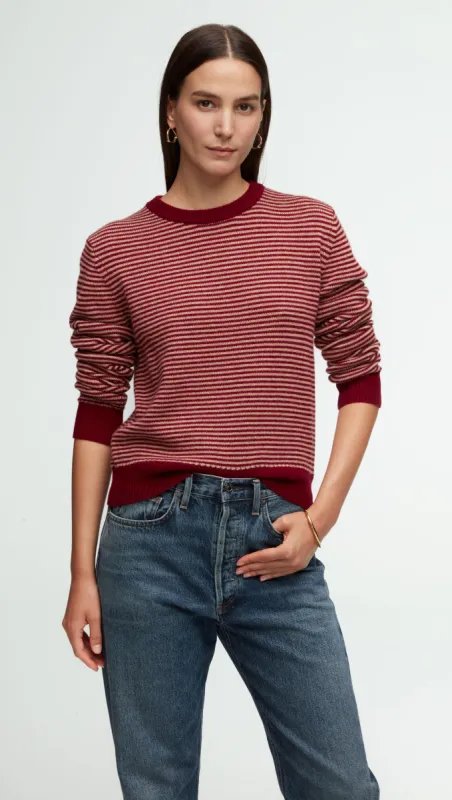 Striped Crewneck Sweater in Wool-Cashmere | Camel/Merlot sold by Argent