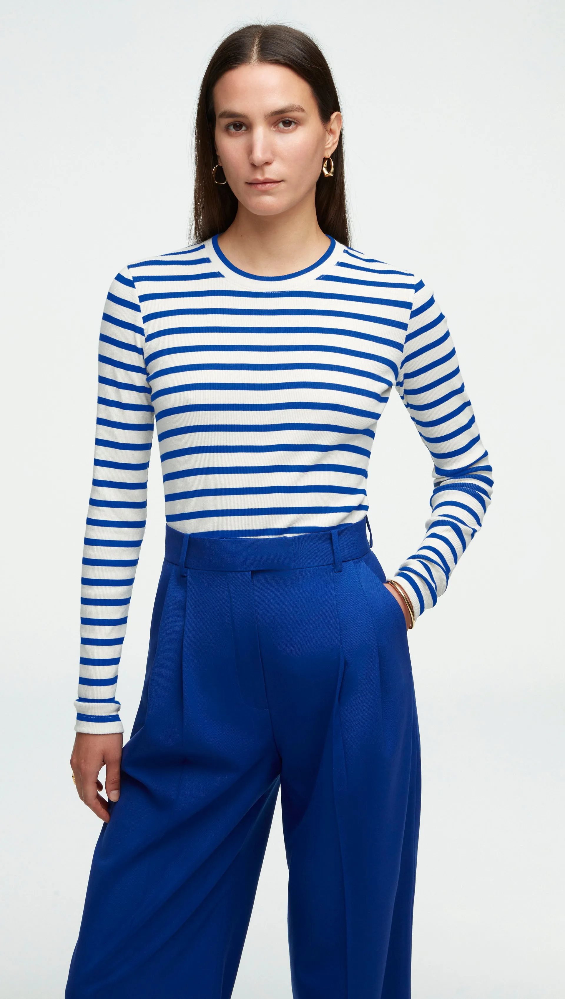 Striped Longsleeve Tee in Ribbed Cotton | Ivory/Cobalt sold by Argent