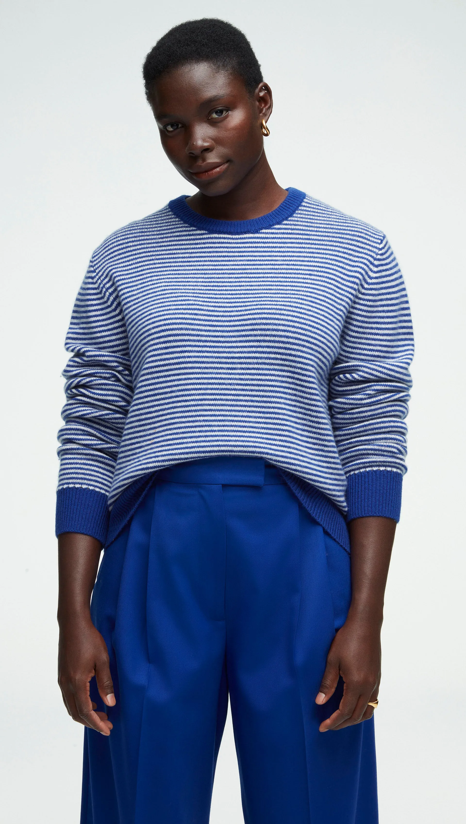 Striped Crewneck Sweater in Wool-Cashmere | Ivory/Cobalt sold by Argent