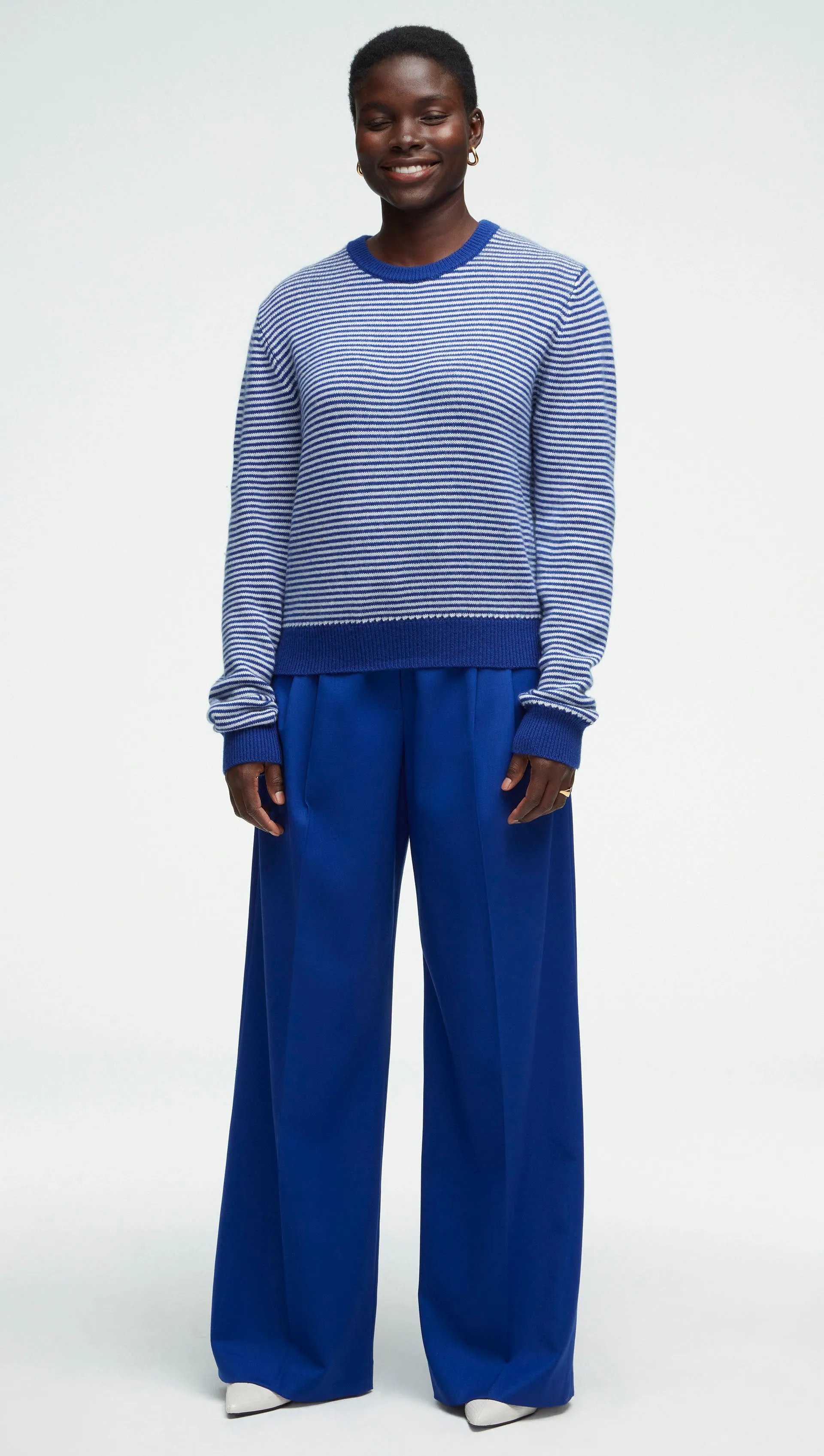 Striped Crewneck Sweater in Wool-Cashmere | Ivory/Cobalt sold by Argent product image thumbnail 3