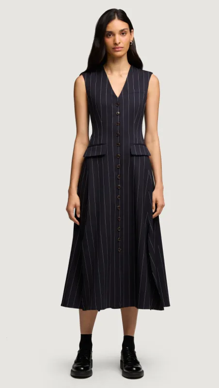 Vest Dress in Stretch Wool | Navy Pinstripe sold by Argent