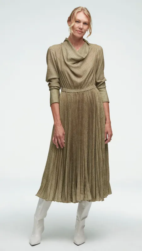 Cowl Neck Pleated Dress in Crepe | Printed Brown Houndstooth sold by Argent