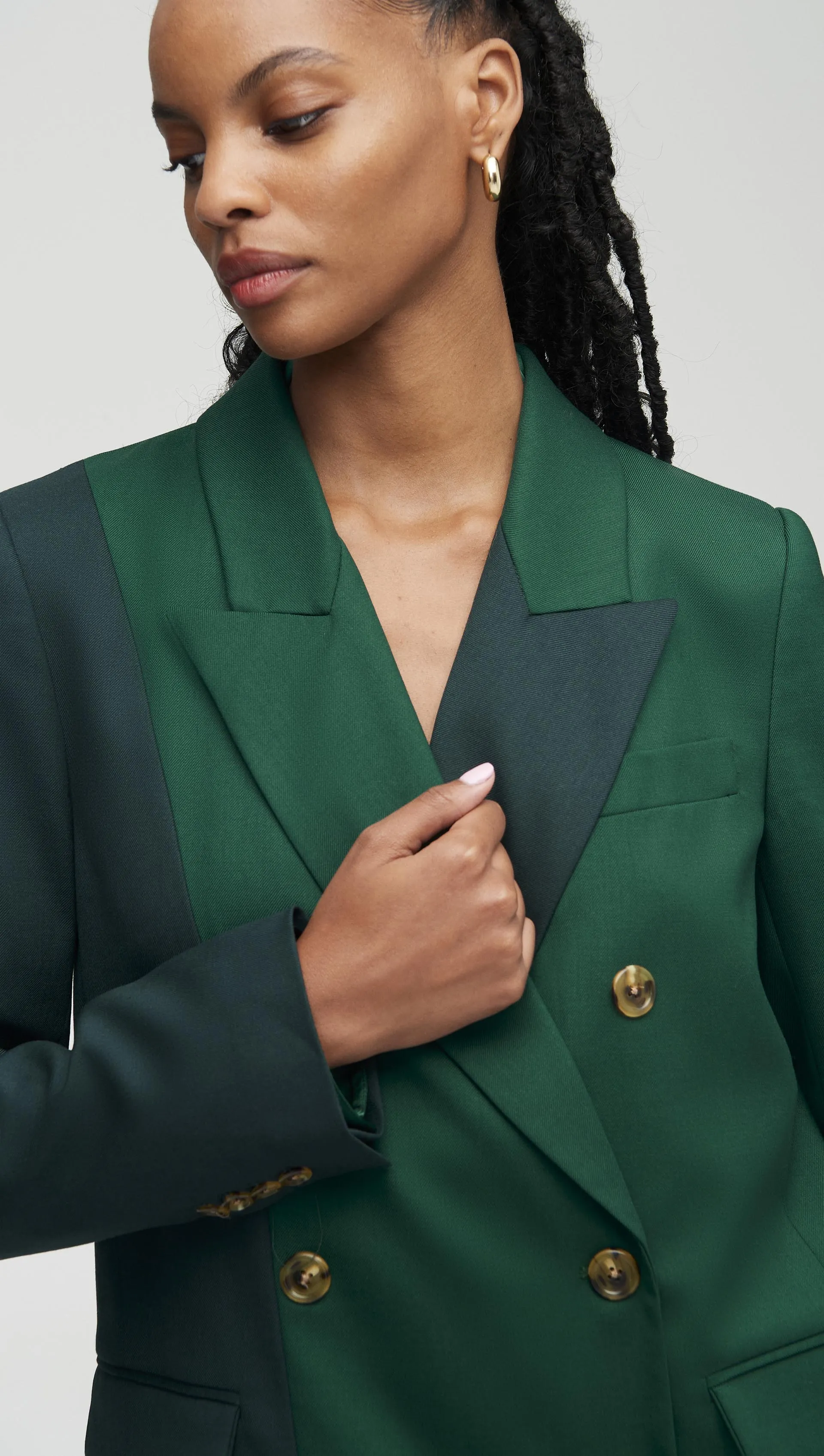 Colorblocked Peak Lapel Blazer in Seasonless Wool | Emerald/Forest sold by Argent product image thumbnail 2