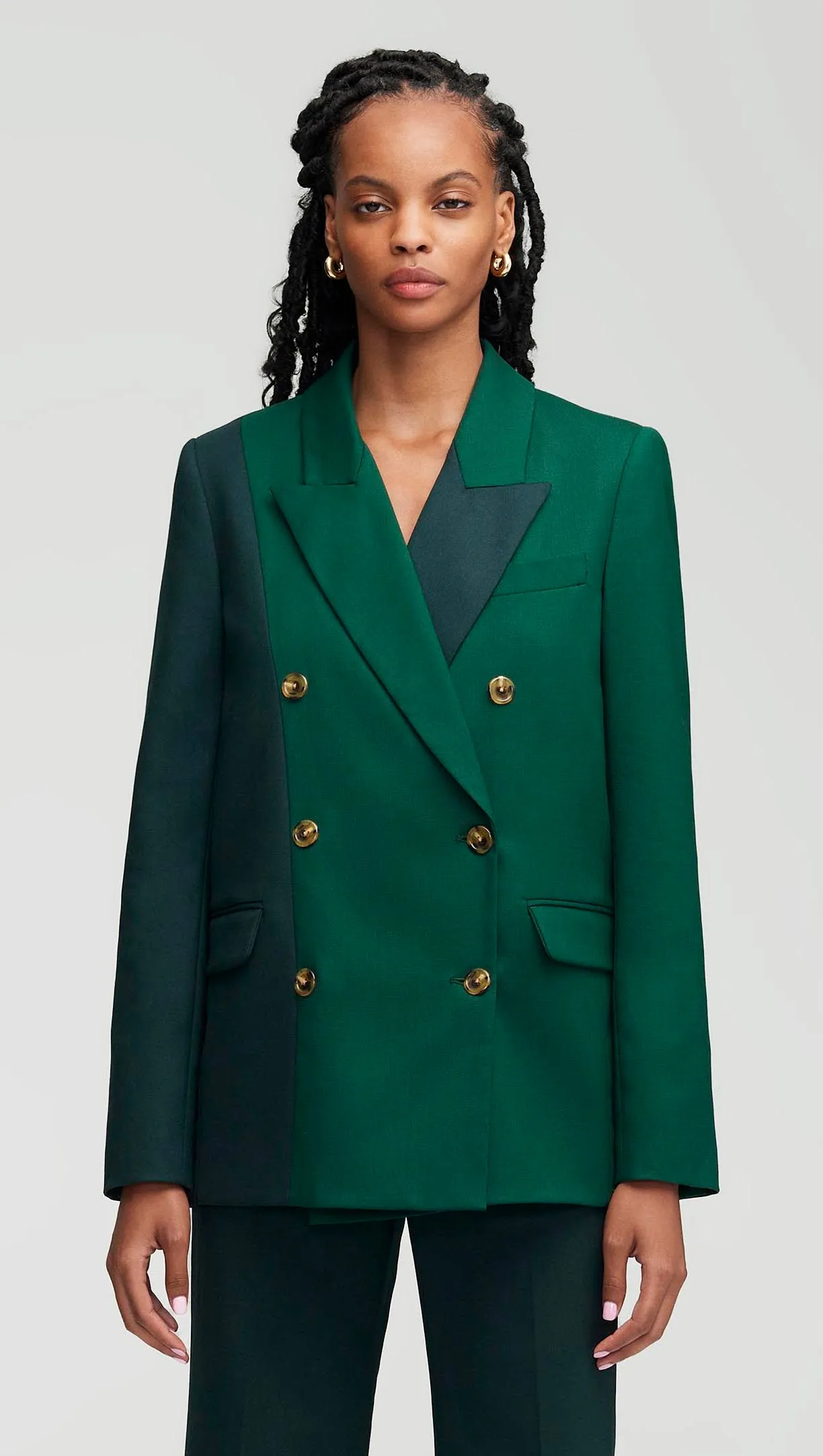 Colorblocked Peak Lapel Blazer in Seasonless Wool | Emerald/Forest sold by Argent