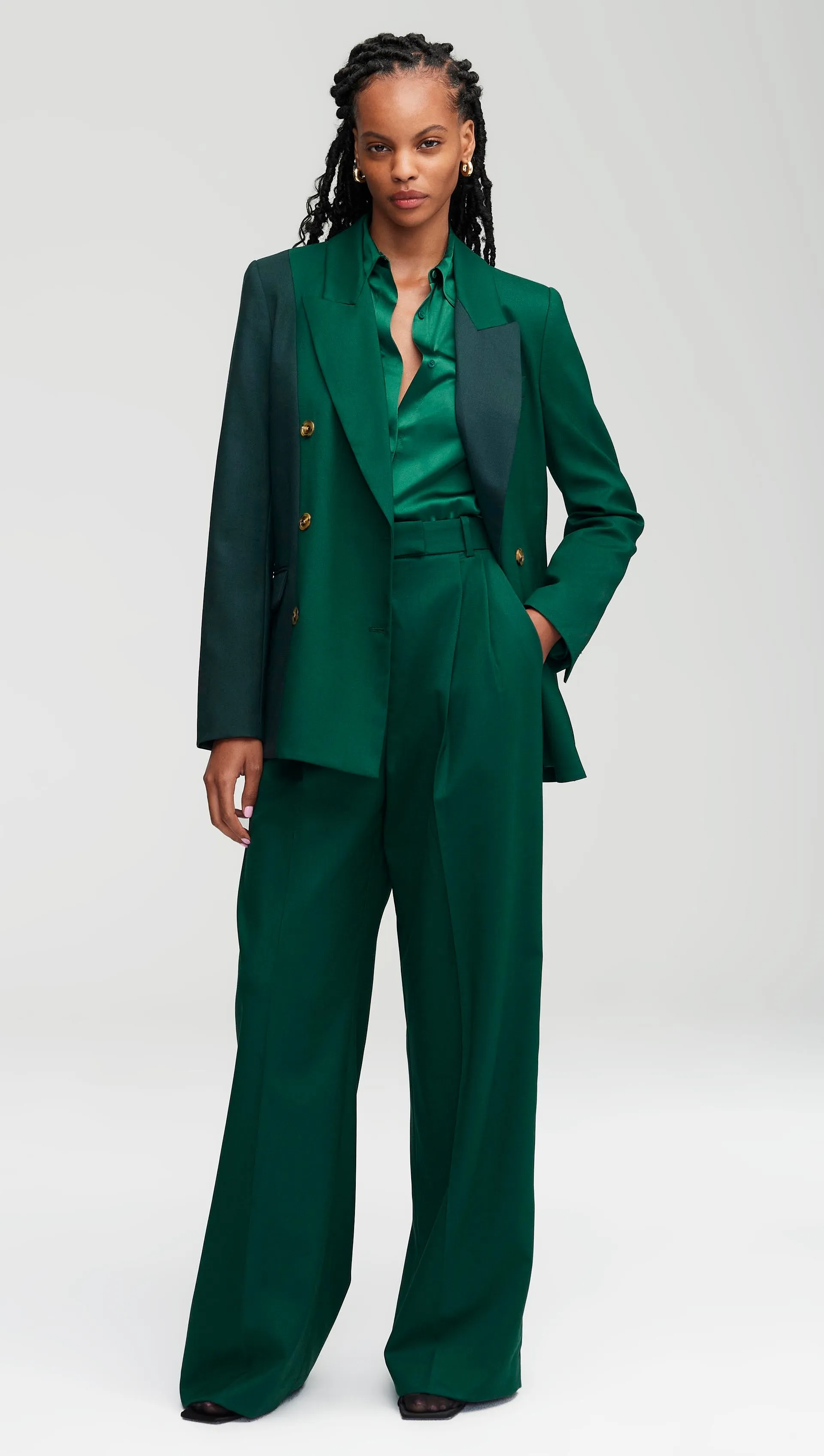Colorblocked Peak Lapel Blazer in Seasonless Wool | Emerald/Forest sold by Argent product image thumbnail 3