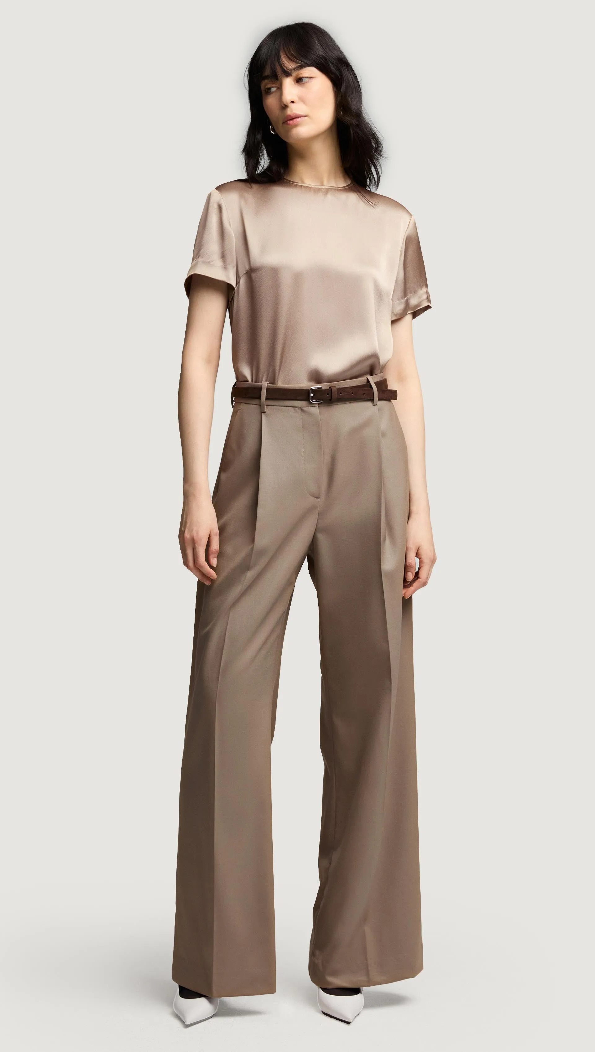 Single Pleat Trouser in Seasonless Wool | Taupe sold by Argent