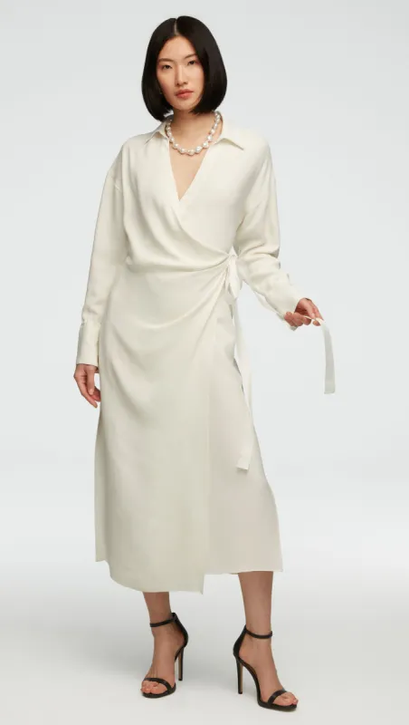 Draped Shirt Dress in Viscose Wool Crepe | Ivory sold by Argent