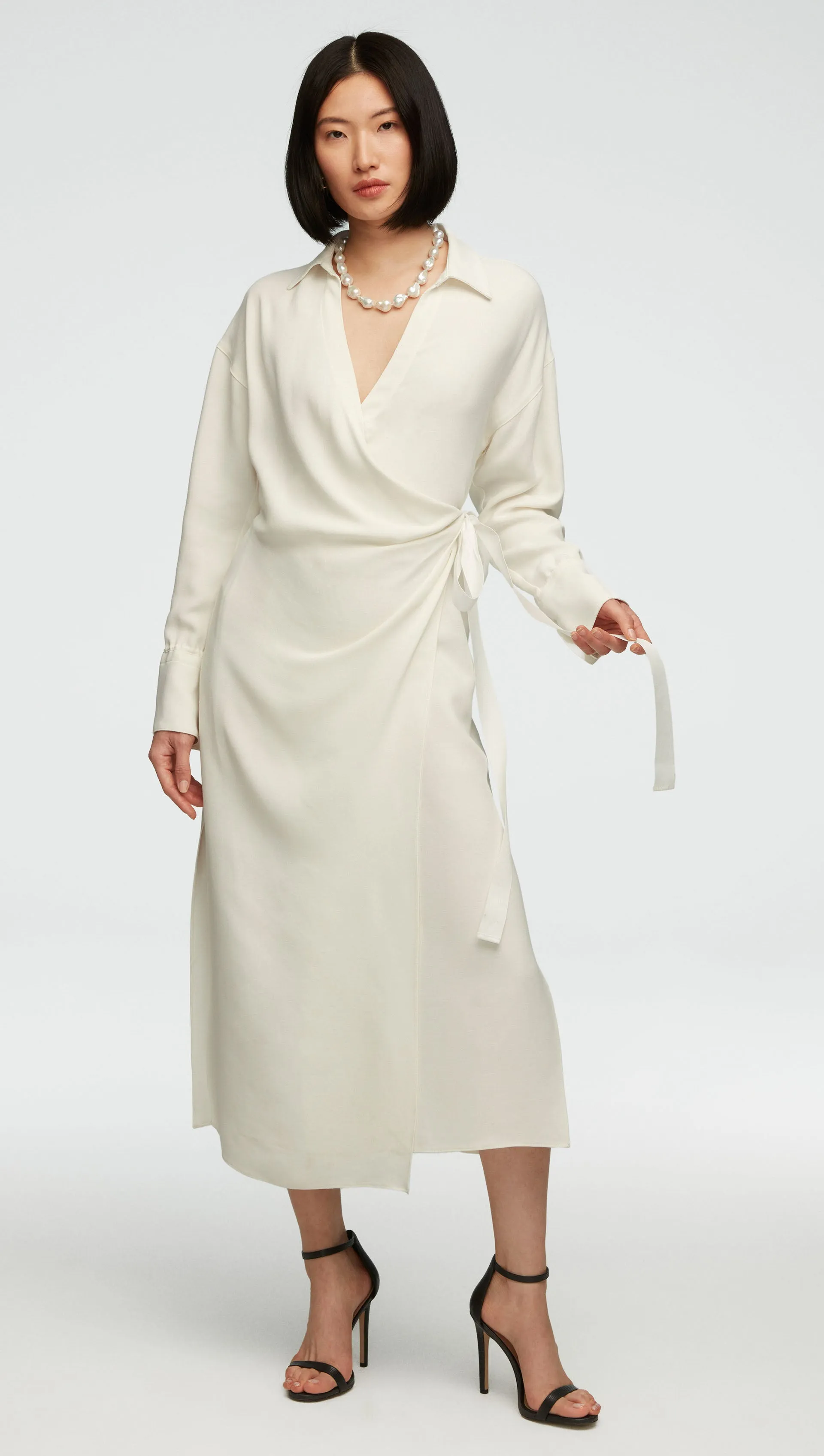 Draped Shirt Dress in Viscose Wool Crepe | Ivory sold by Argent