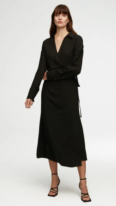 Draped Shirt Dress in Viscose Wool Crepe | Black sold by Argent