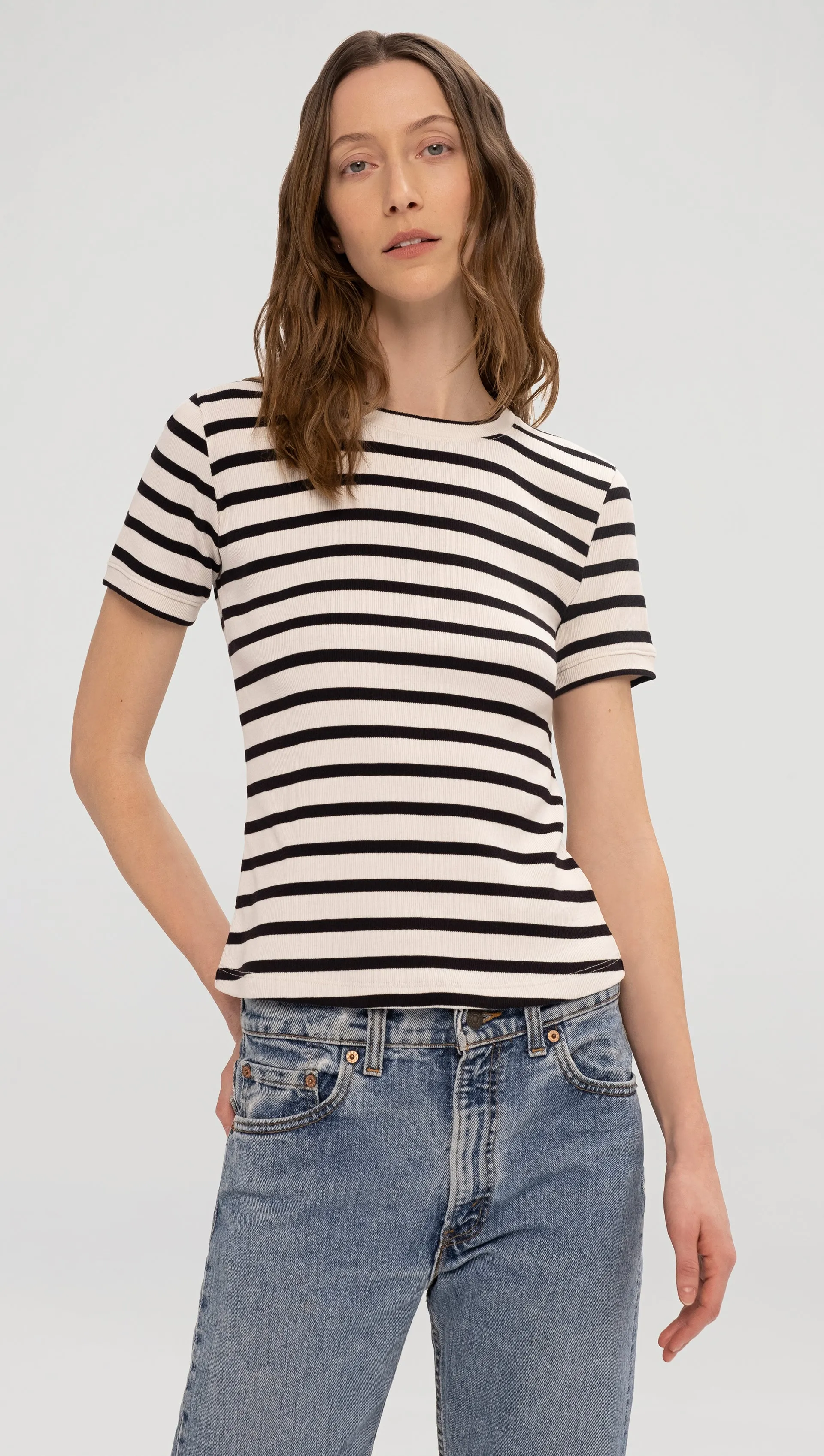 Ringer Tee in Ribbed Cotton | Black/Ivory Stripe sold by Argent