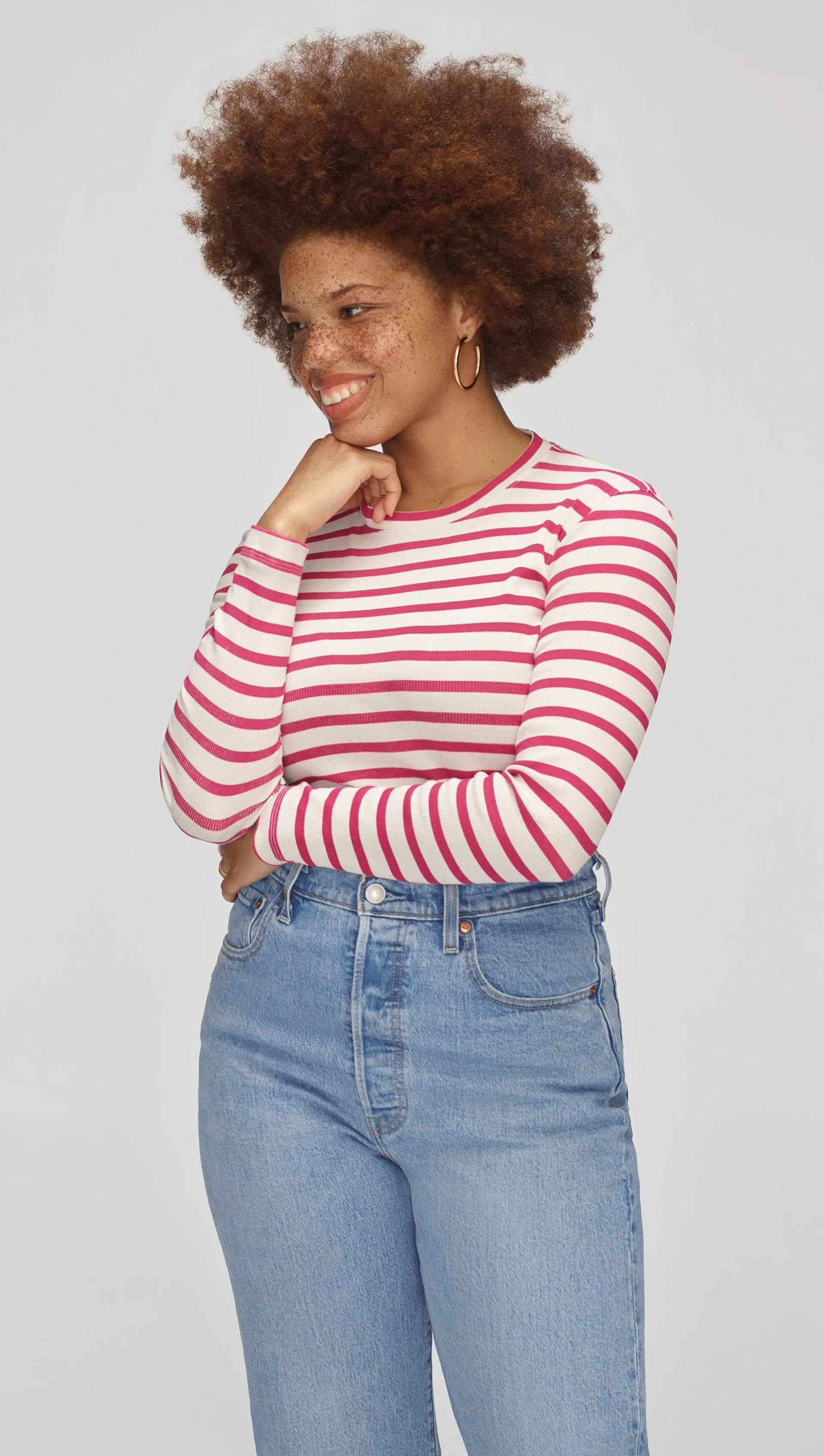 Striped Longsleeve Tee in Ribbed Cotton | Magenta/Ivory sold by Argent