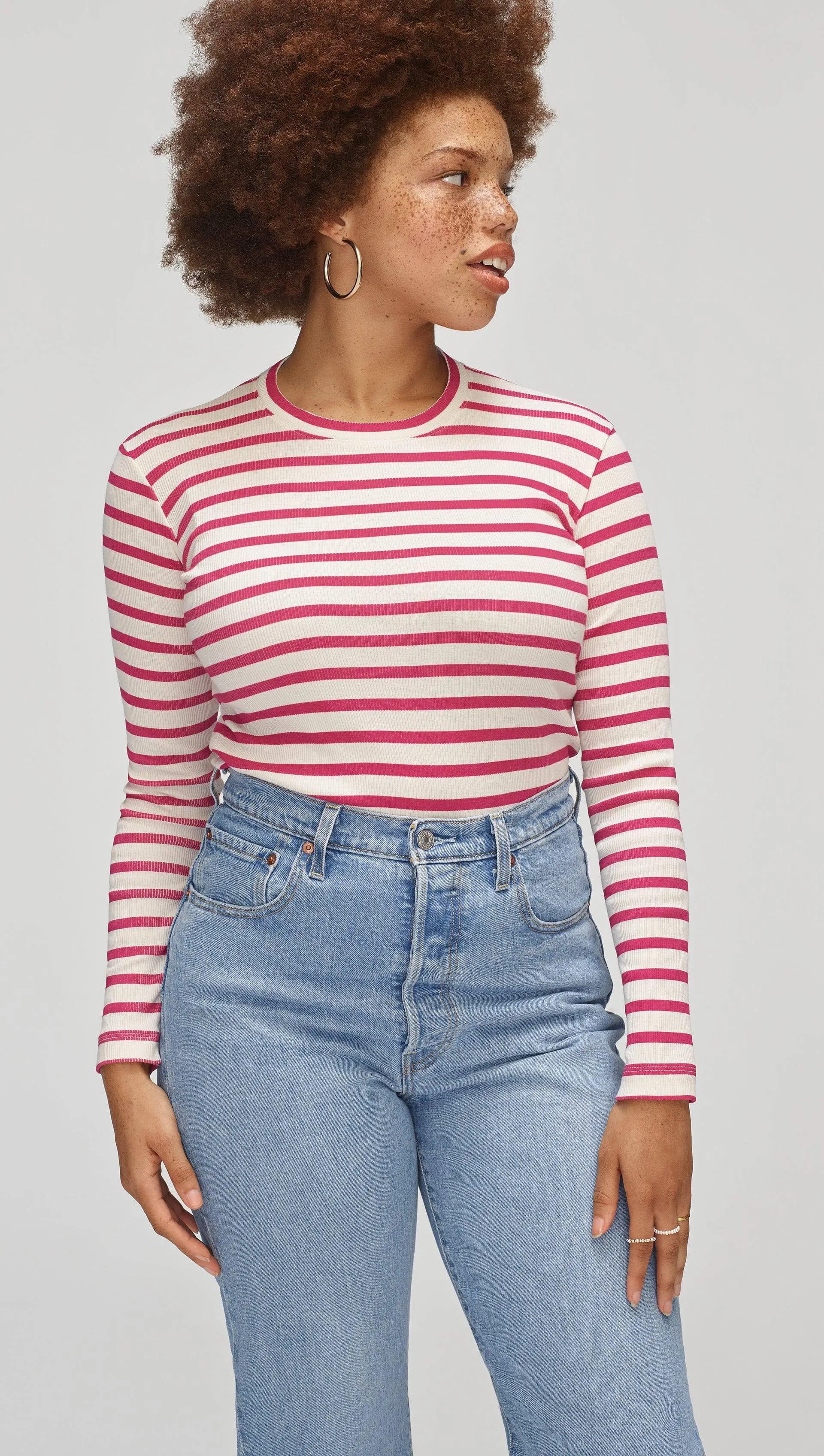 Striped Longsleeve Tee in Ribbed Cotton | Magenta/Ivory sold by Argent product image thumbnail 3