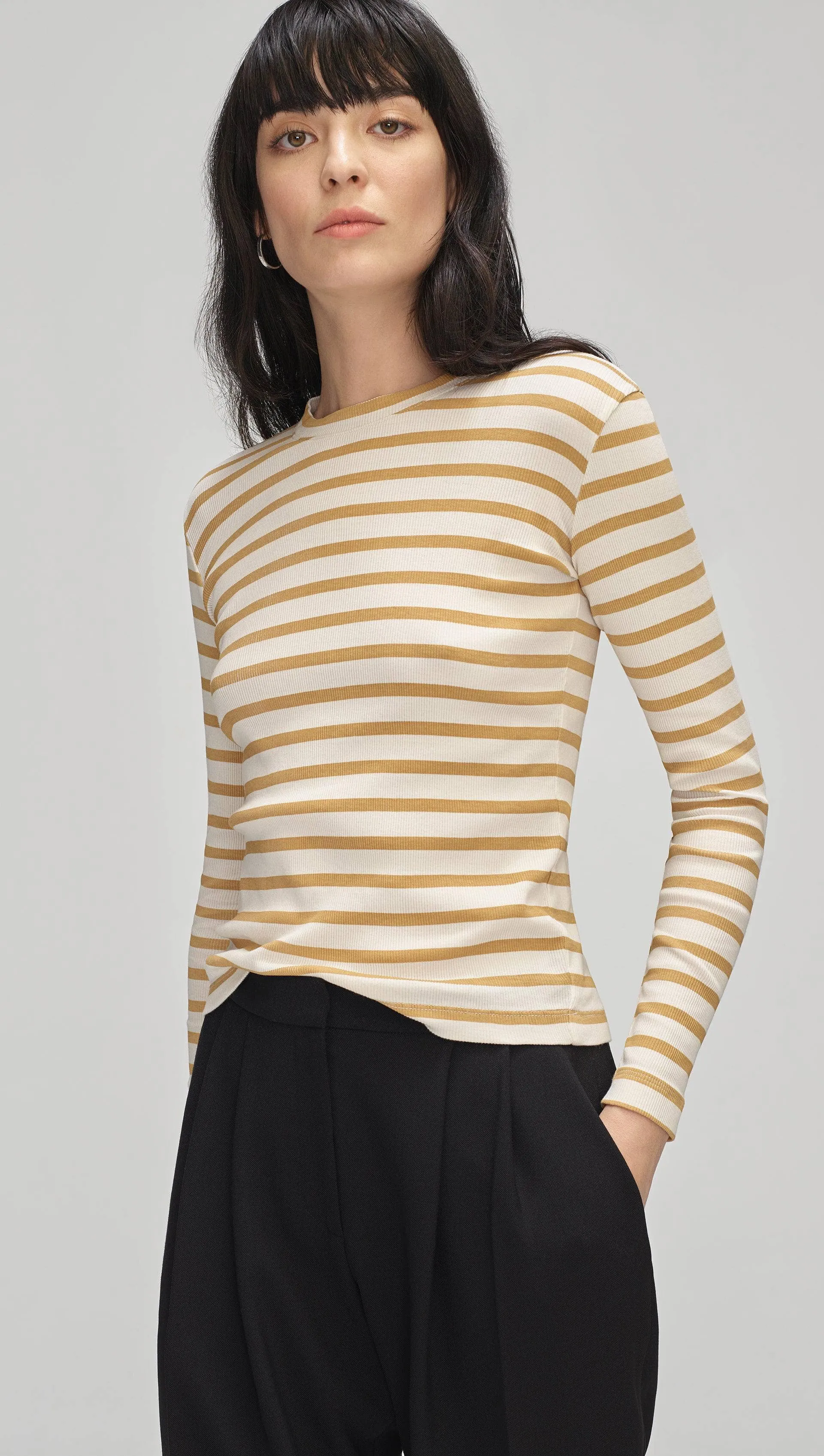 Striped Longsleeve Tee in Ribbed Cotton | Beige/Ivory sold by Argent
