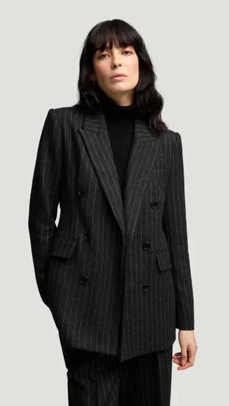 Belted Double-Breasted Blazer in Wool Blend | Grey Pinstripe sold by Argent