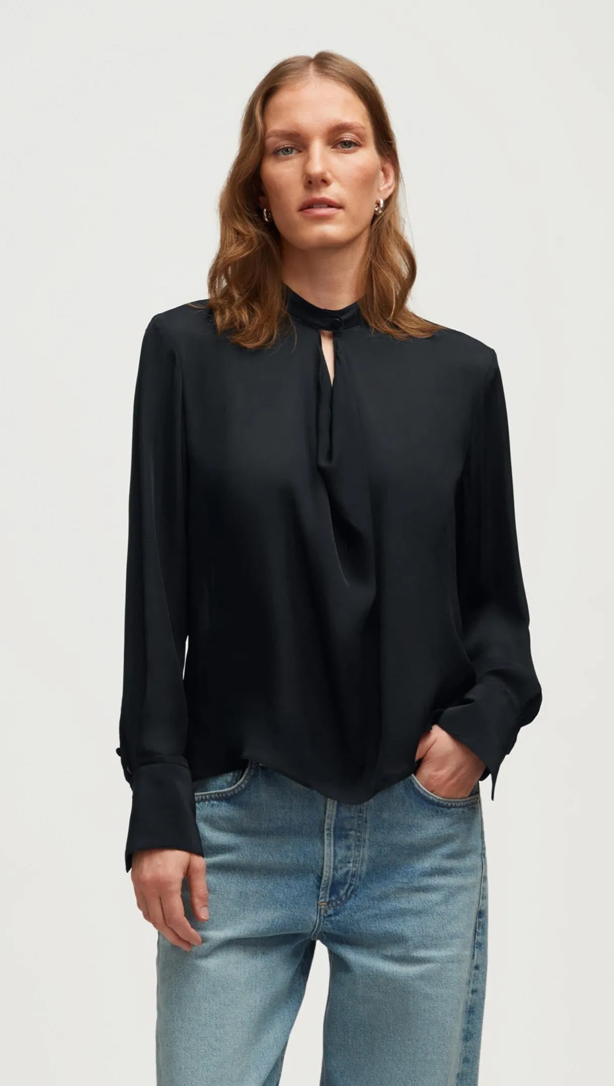 Cowl Neck Blouse in Double Georgette | Black sold by Argent