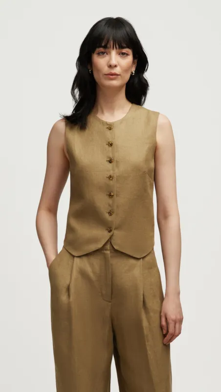 High-Neck Button Waistcoat in Basket Weave Linen | Fern sold by Argent