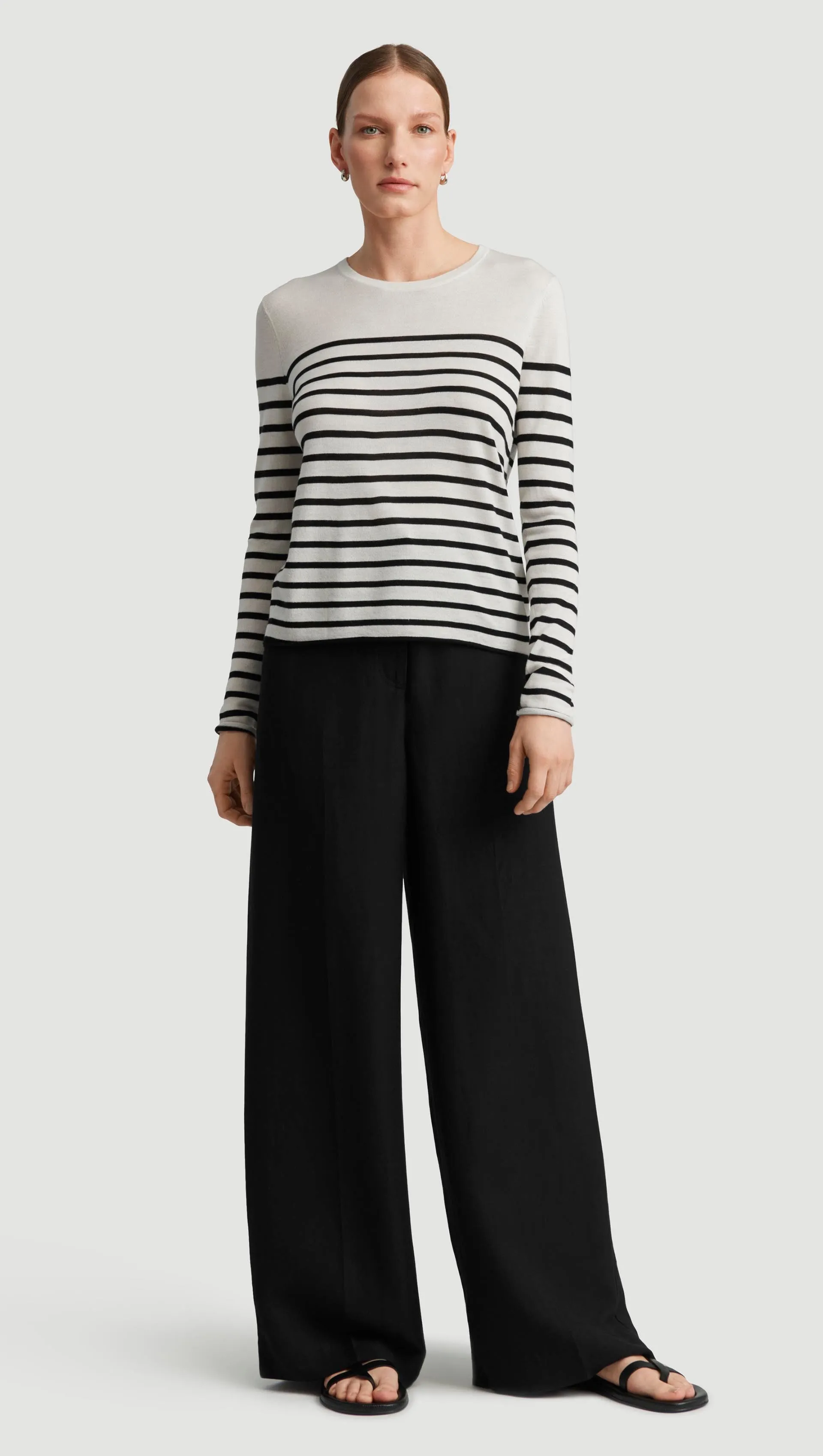 Fine Knit Longsleeve Crewneck in Wool Silk | White/Black Stripe sold by Argent product image thumbnail 3