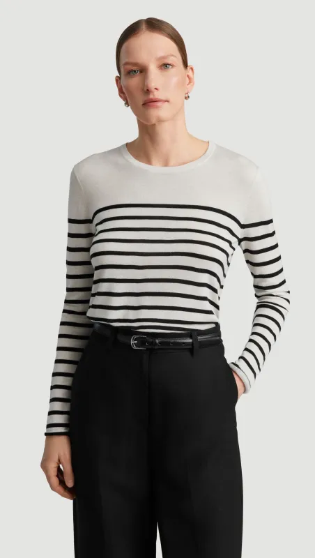 Fine Longsleeve Crewneck Knit in Wool Silk | White/Black Stripe sold by Argent