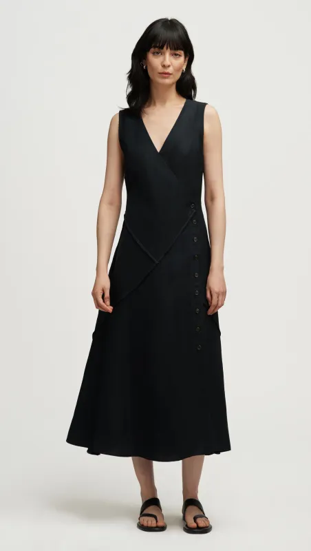 Patchwork Dress in Viscose Linen Twill | Black sold by Argent