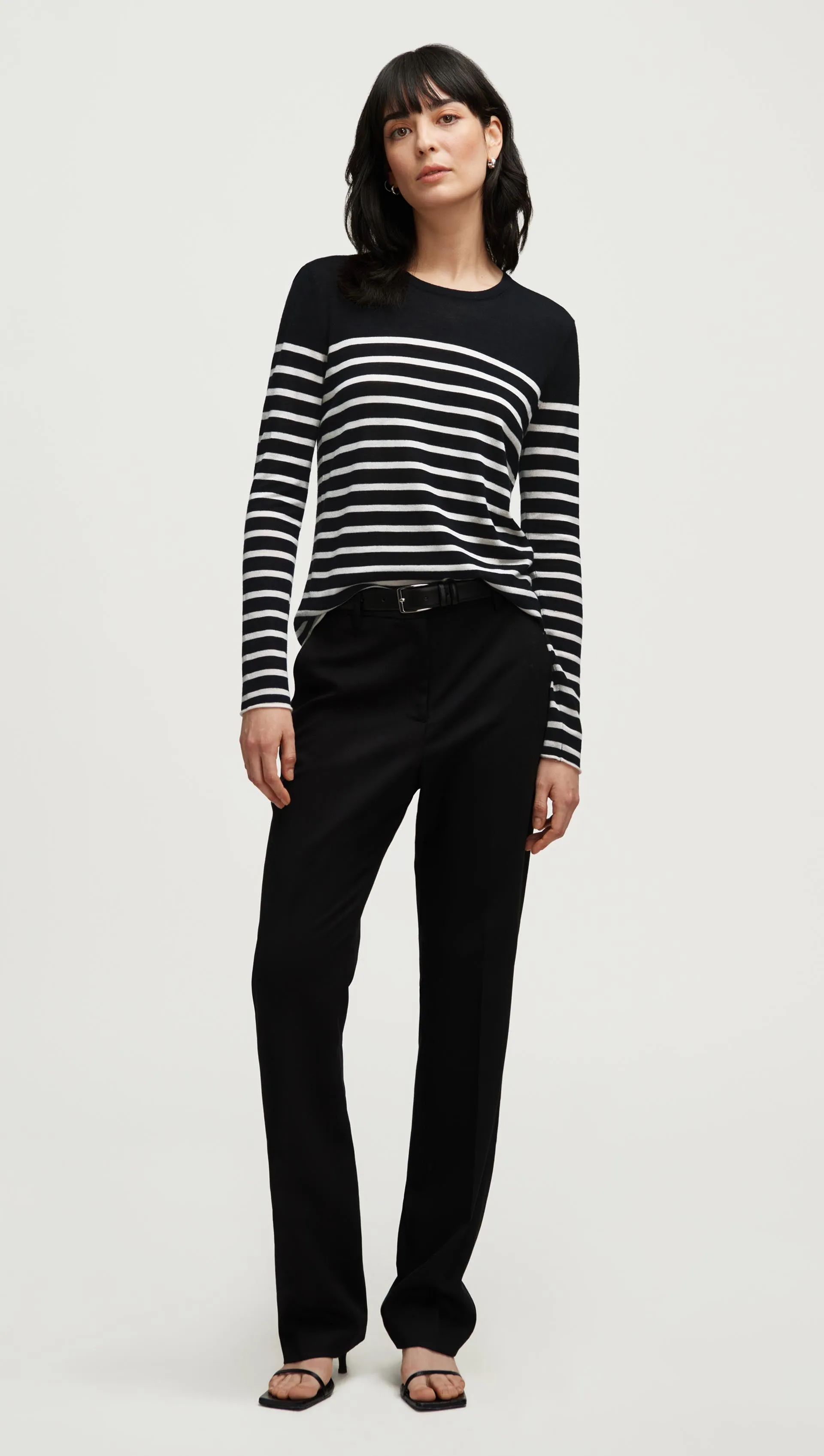 Fine Longsleeve Crewneck Knit in Wool Silk | Black/White Stripe sold by Argent product image thumbnail 2