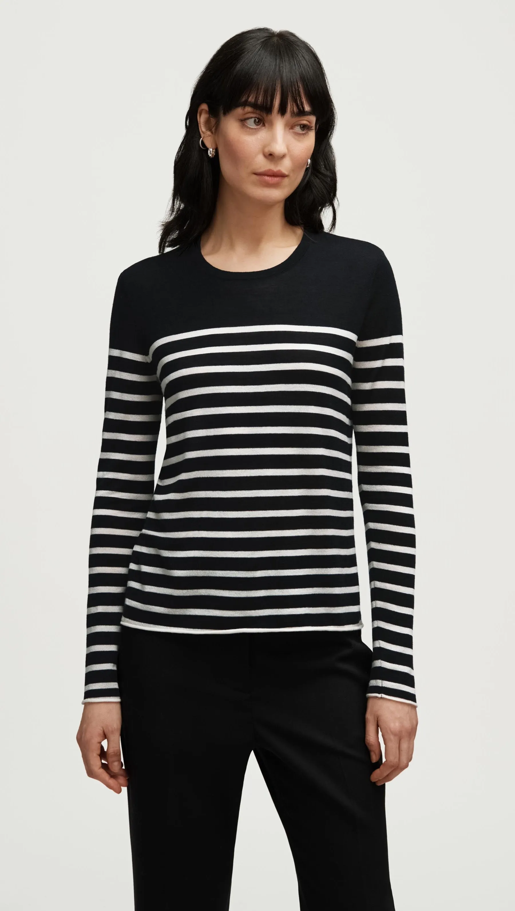 Fine Longsleeve Crewneck Knit in Wool Silk | Black/White Stripe sold by Argent