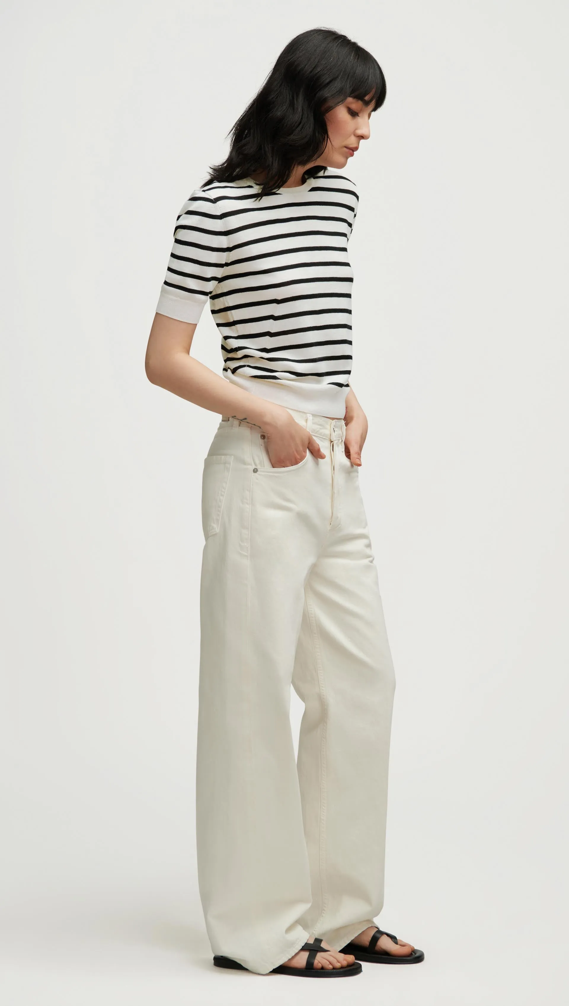 Fine Shortsleeve Knit in Wool Silk | White/Black Stripe sold by Argent product image thumbnail 3