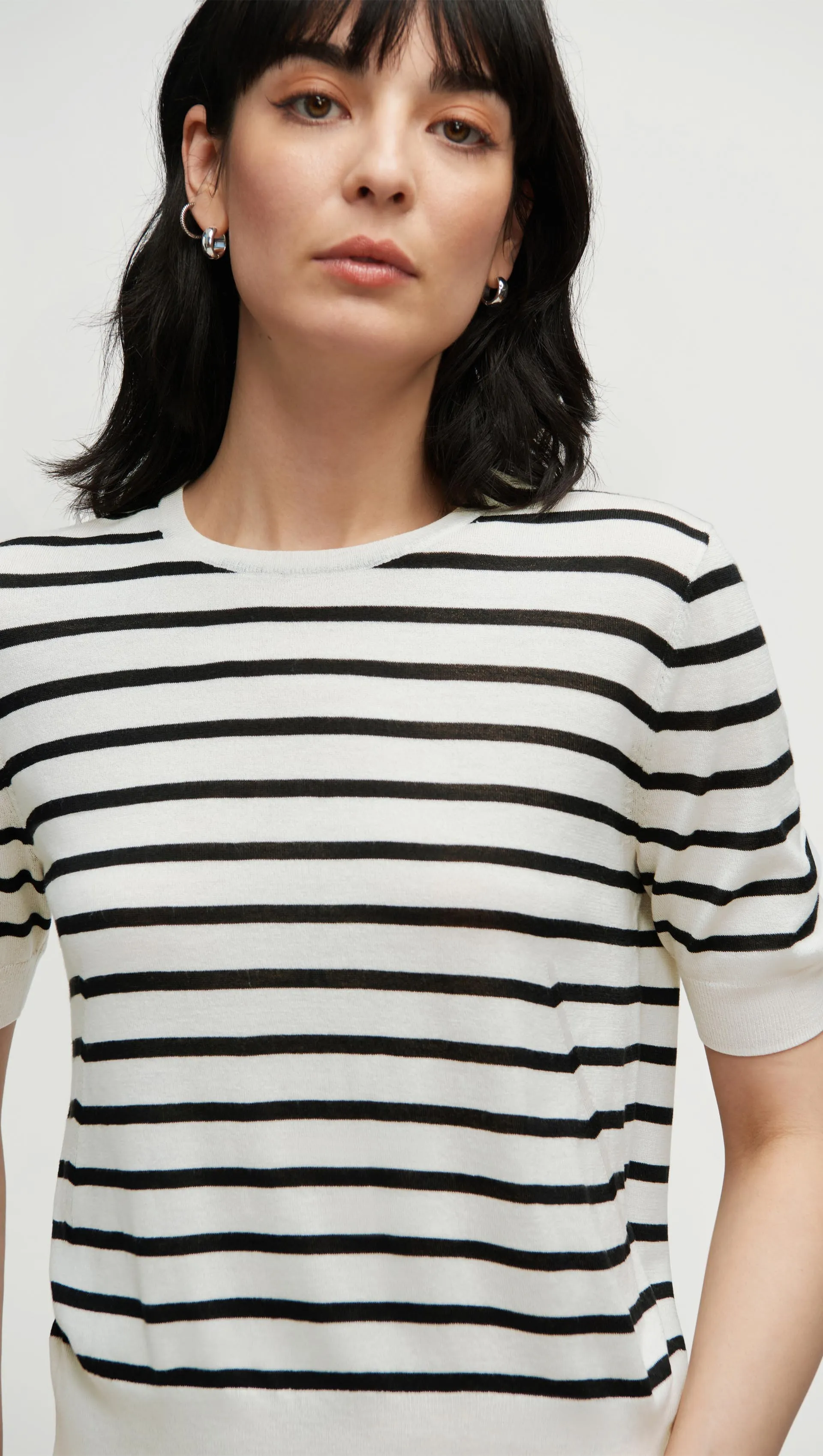 Fine Shortsleeve Knit in Wool Silk | White/Black Stripe sold by Argent product image thumbnail 5