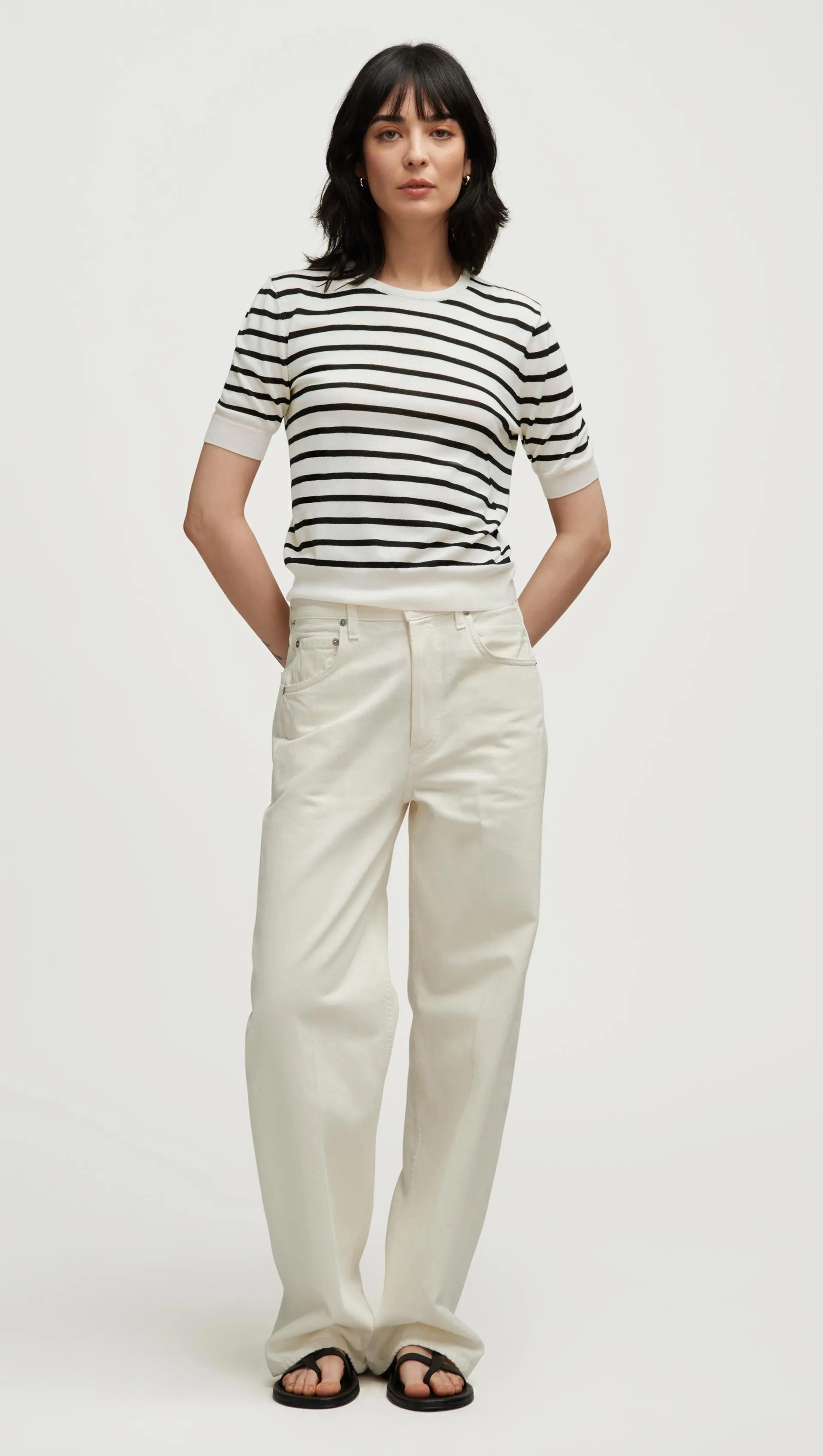 Fine Shortsleeve Knit in Wool Silk | White/Black Stripe sold by Argent product image thumbnail 2