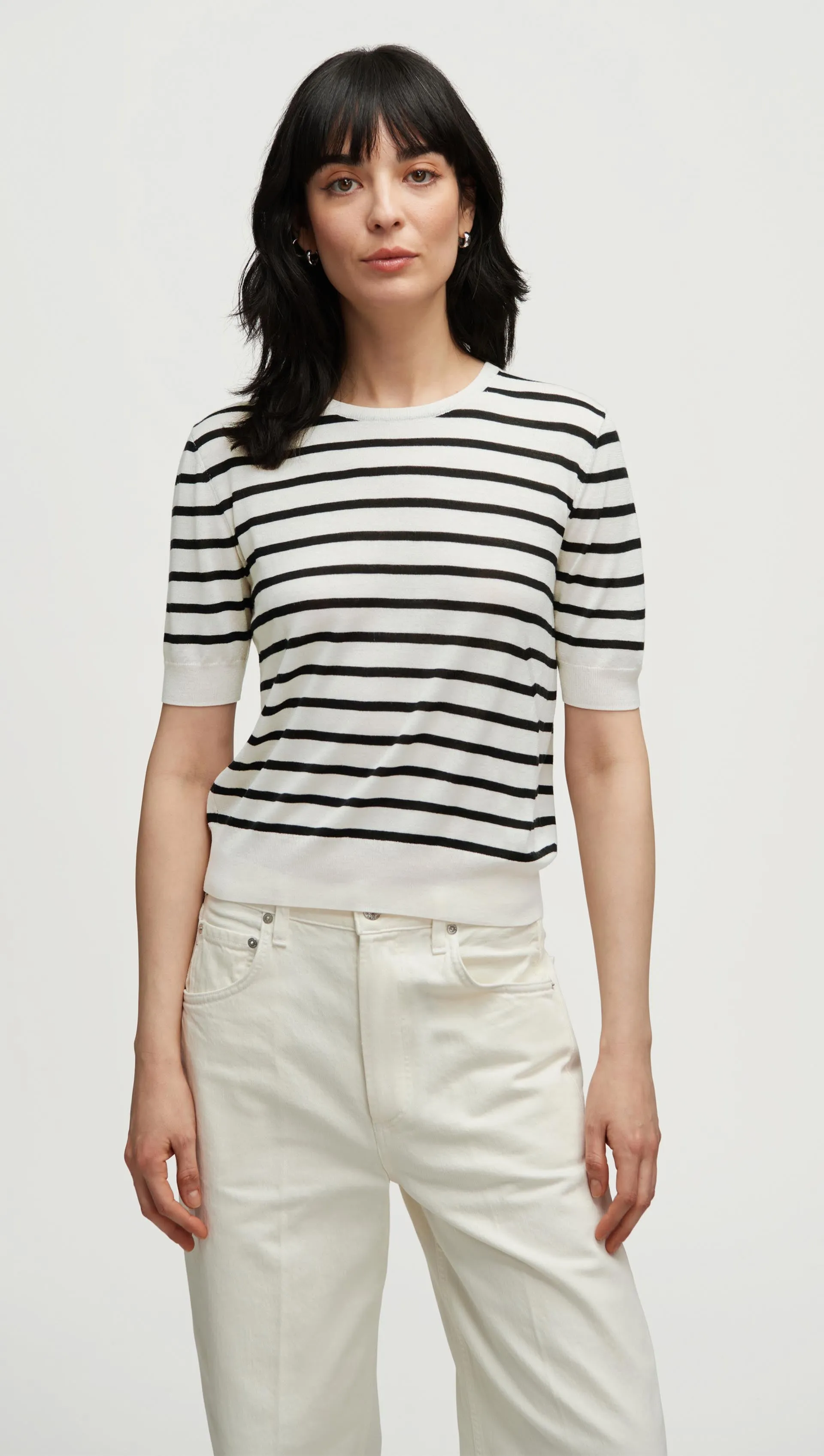 Fine Shortsleeve Knit in Wool Silk | White/Black Stripe sold by Argent