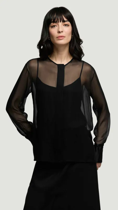 Collarless Blouse in Silk Chiffon | Black sold by Argent