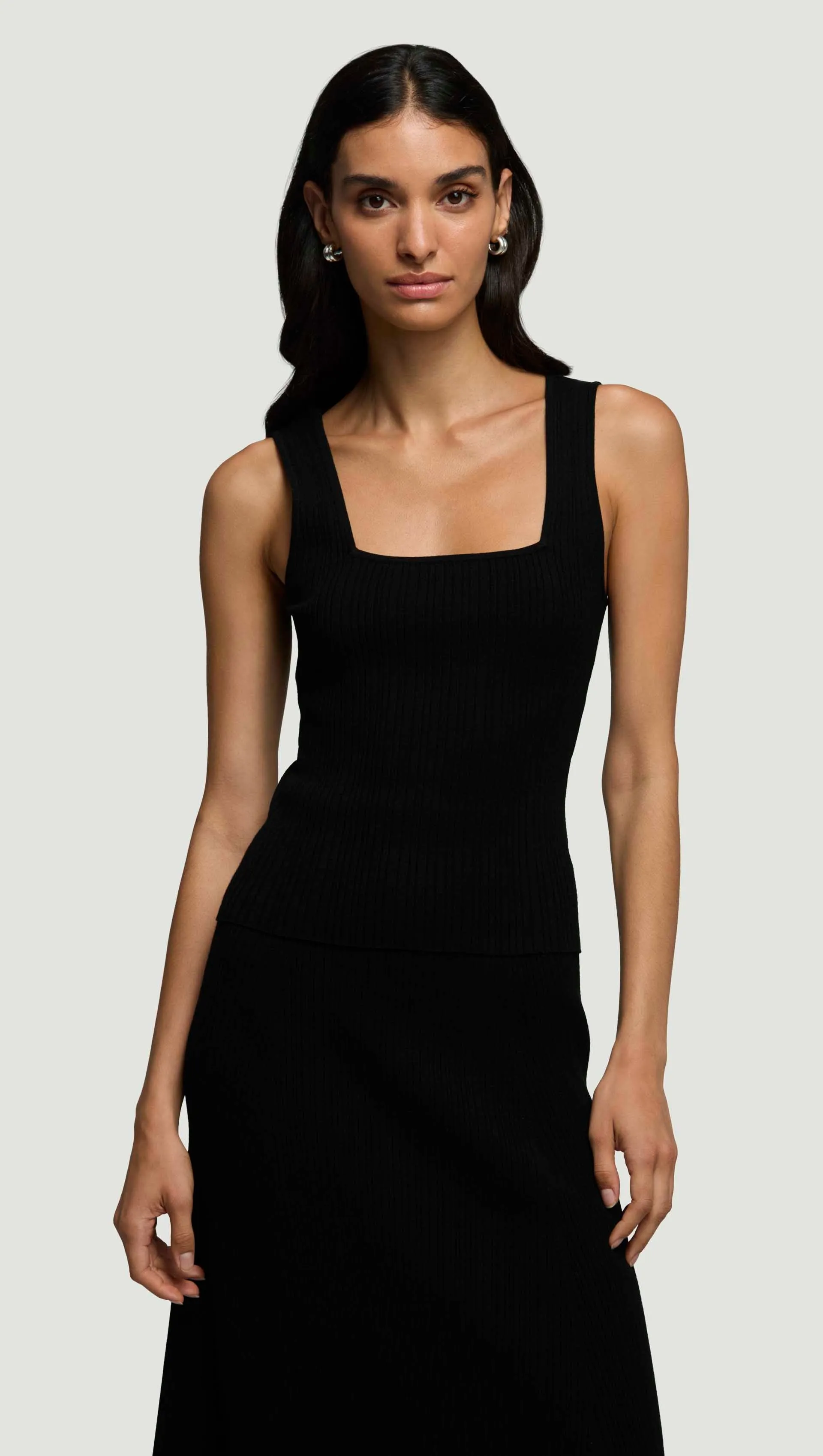 Square-Neck Ribbed Top in Variegated Rib Stretch | Black sold by Argent