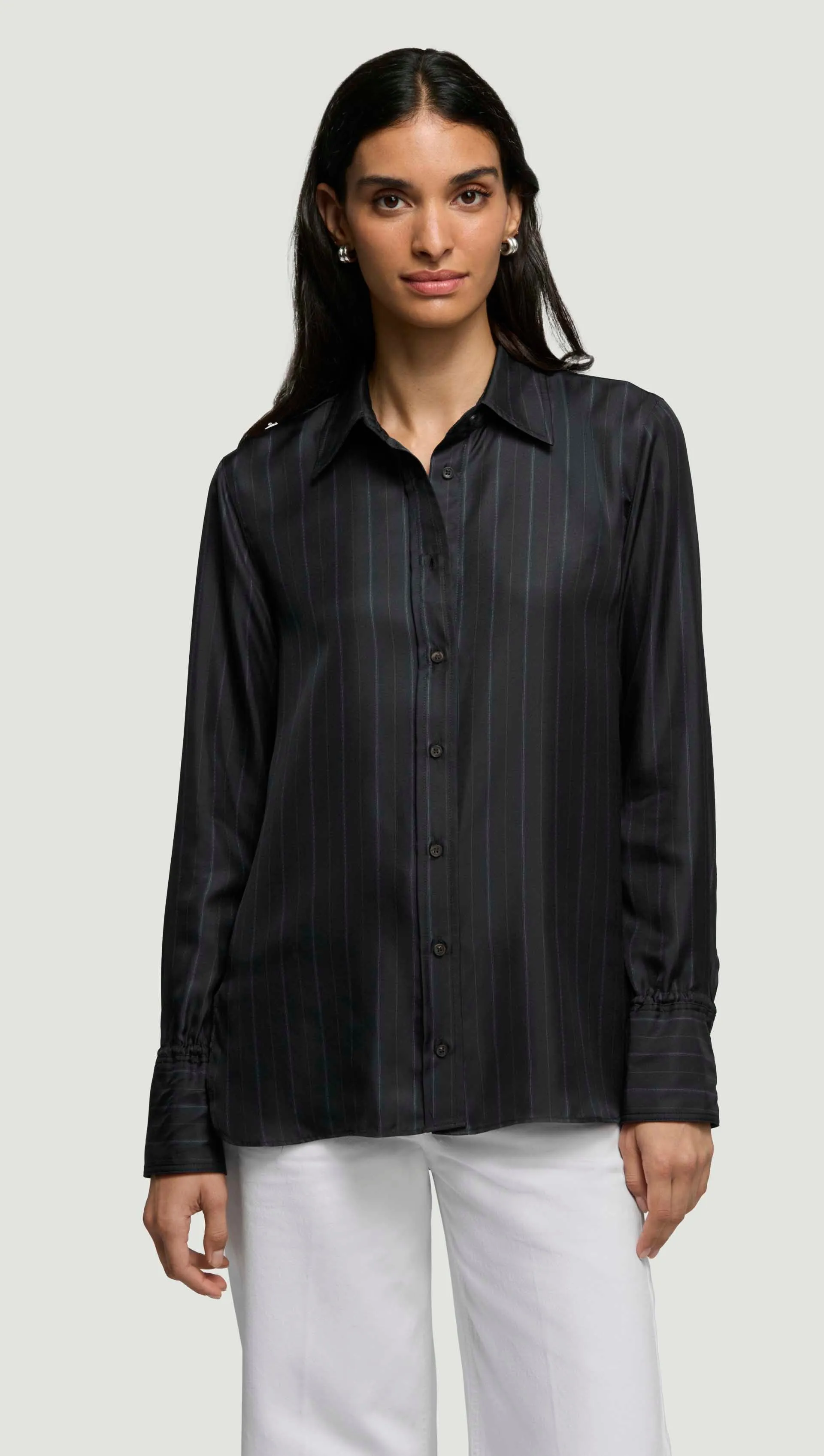 Slim Blouse in Silk Twill | Midnight Stripe sold by Argent