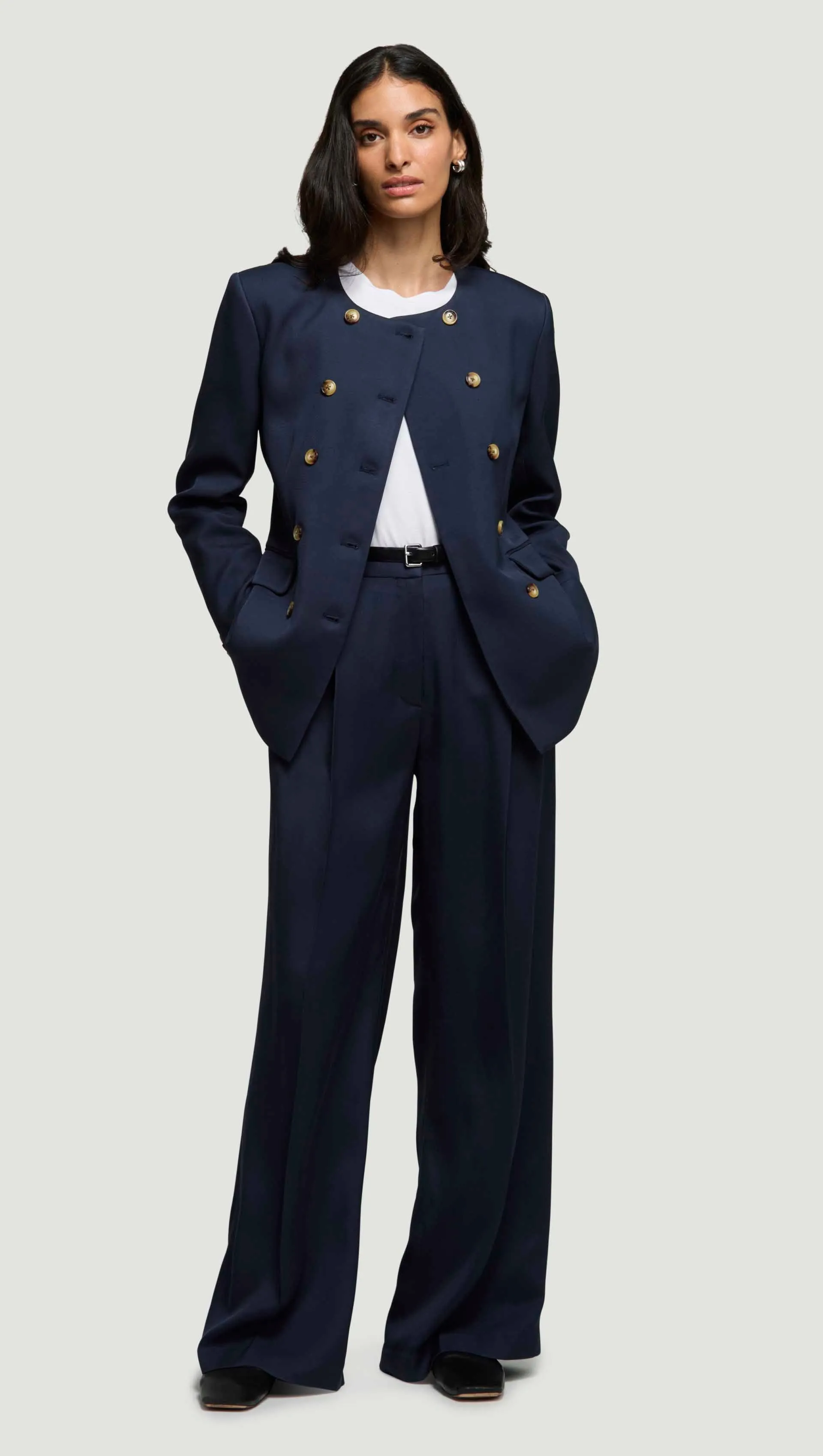 Double-Breasted Crewneck Blazer in Satin Twill | Navy sold by Argent product image thumbnail 4