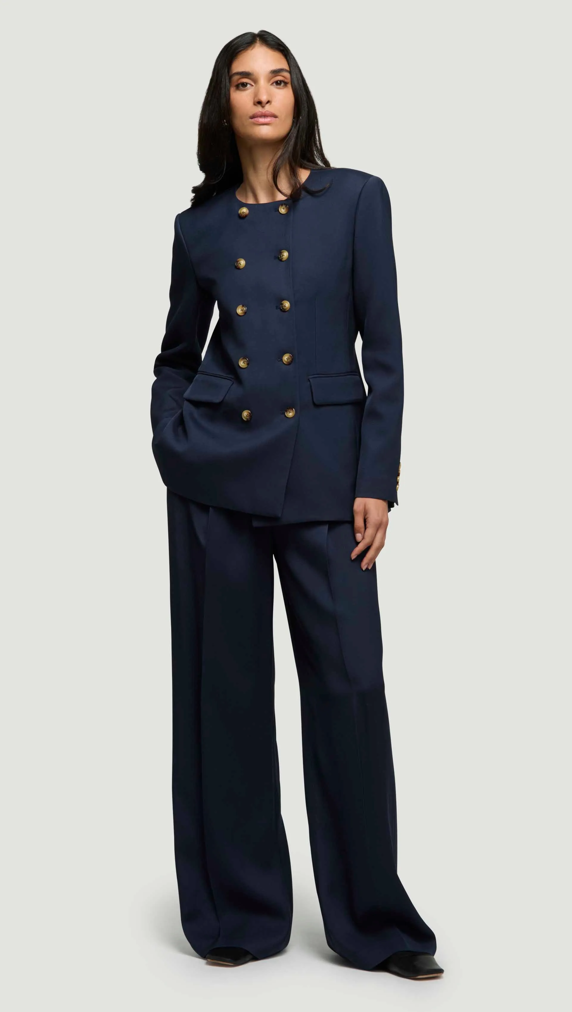 Double-Breasted Crewneck Blazer in Satin Twill | Navy sold by Argent product image thumbnail 5