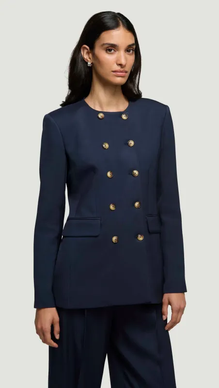 Double-Breasted Crewneck Blazer in Satin Twill | Navy sold by Argent