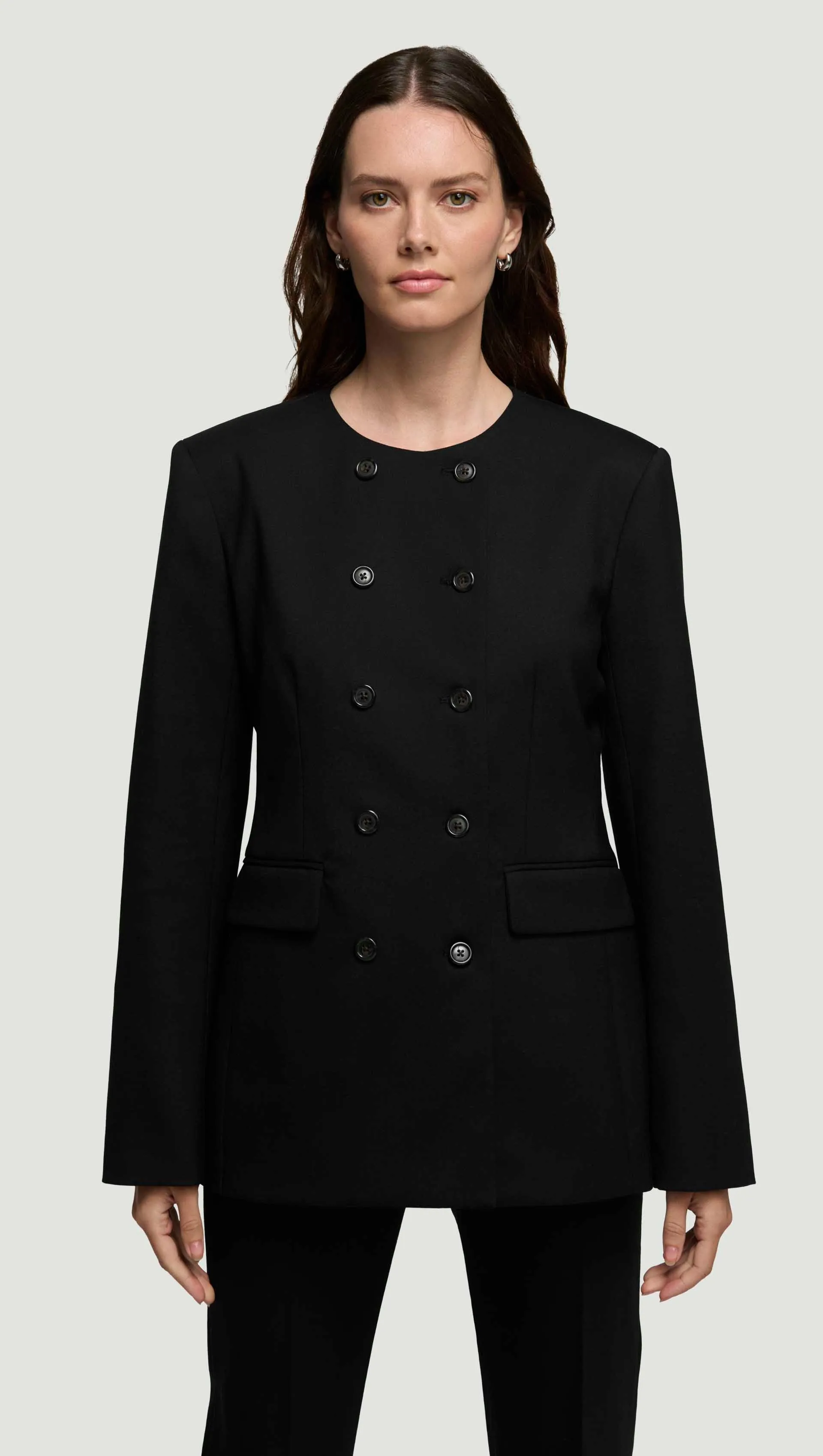 Double-Breasted Crewneck Blazer in Seasonless Wool | Black sold by Argent