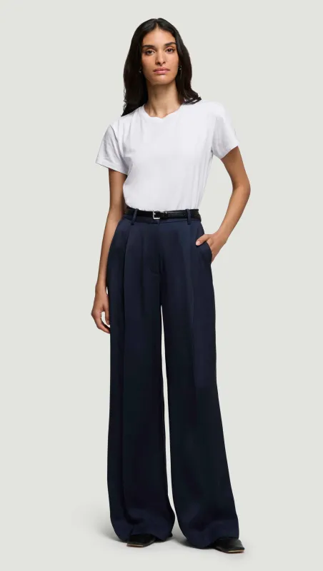 Single Pleat Trouser in Satin Twill | Navy sold by Argent