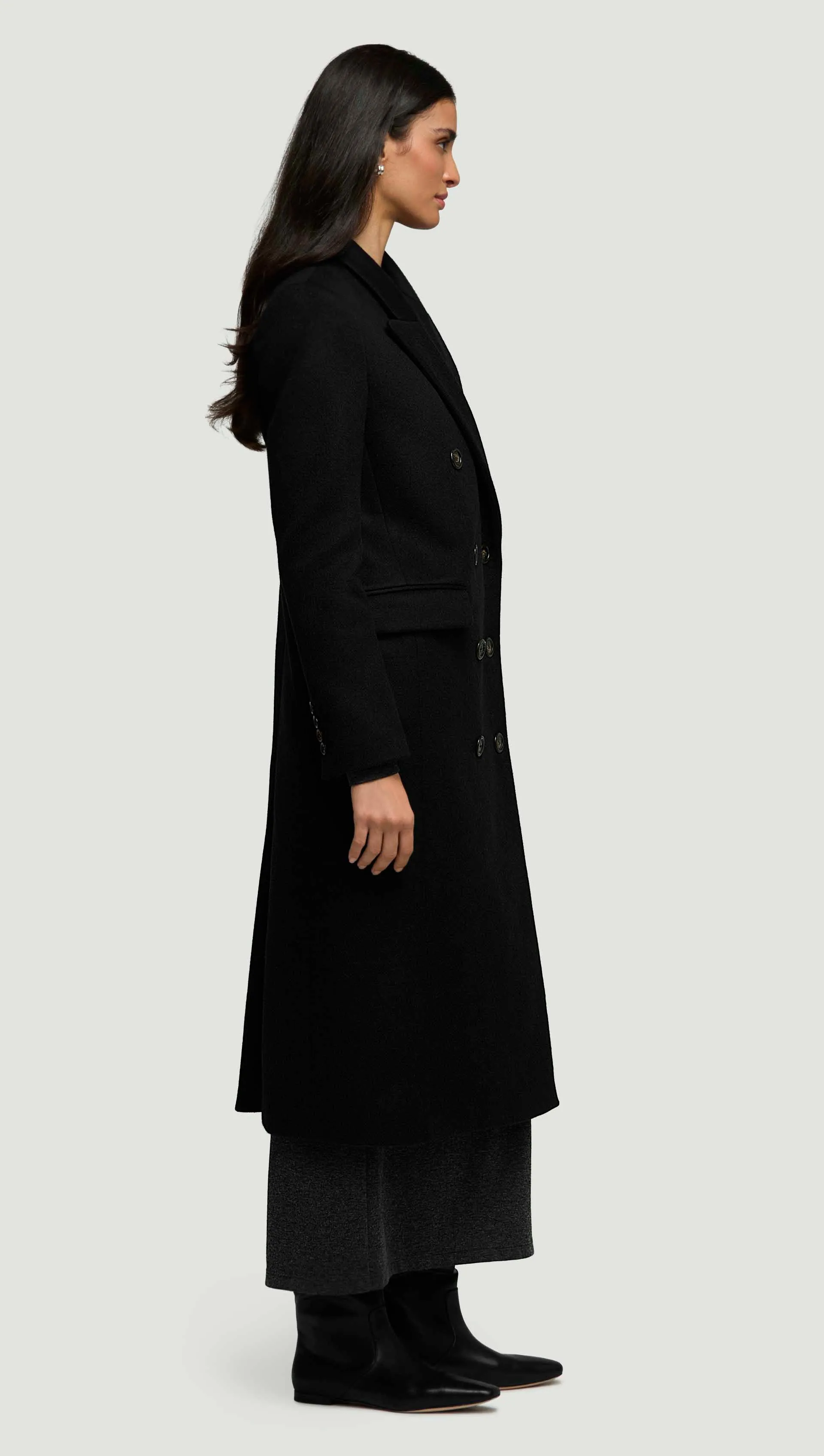 Peak Lapel Coat in Shiny Wool | Black sold by Argent product image thumbnail 5