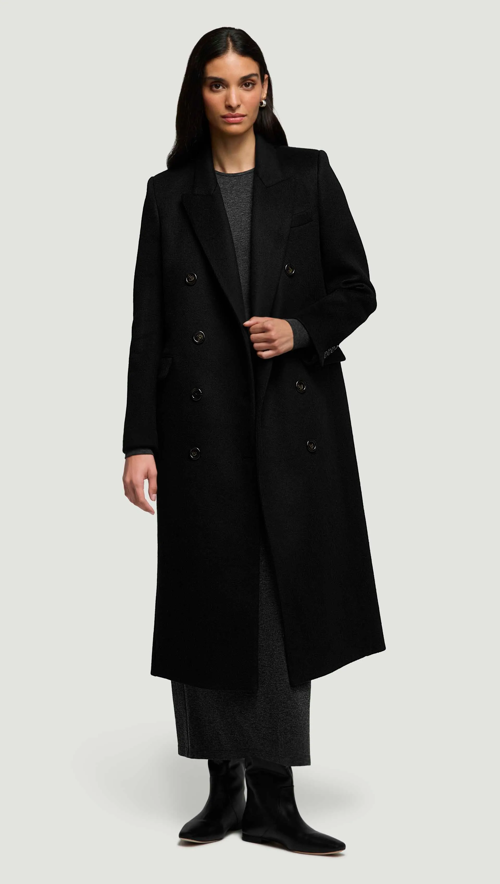 Peak Lapel Coat in Shiny Wool | Black sold by Argent