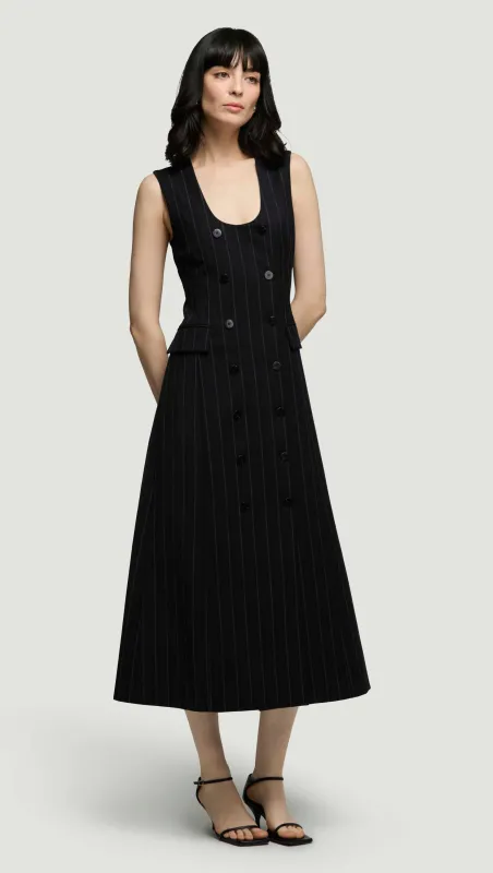 Scoop Neck Double-Breasted Dress in Stretch Wool | Herringbone Midnight Stripe sold by Argent