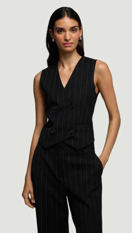 Double-Breasted Waistcoat in Stretch Wool | Herringbone Midnight Stripe sold by Argent