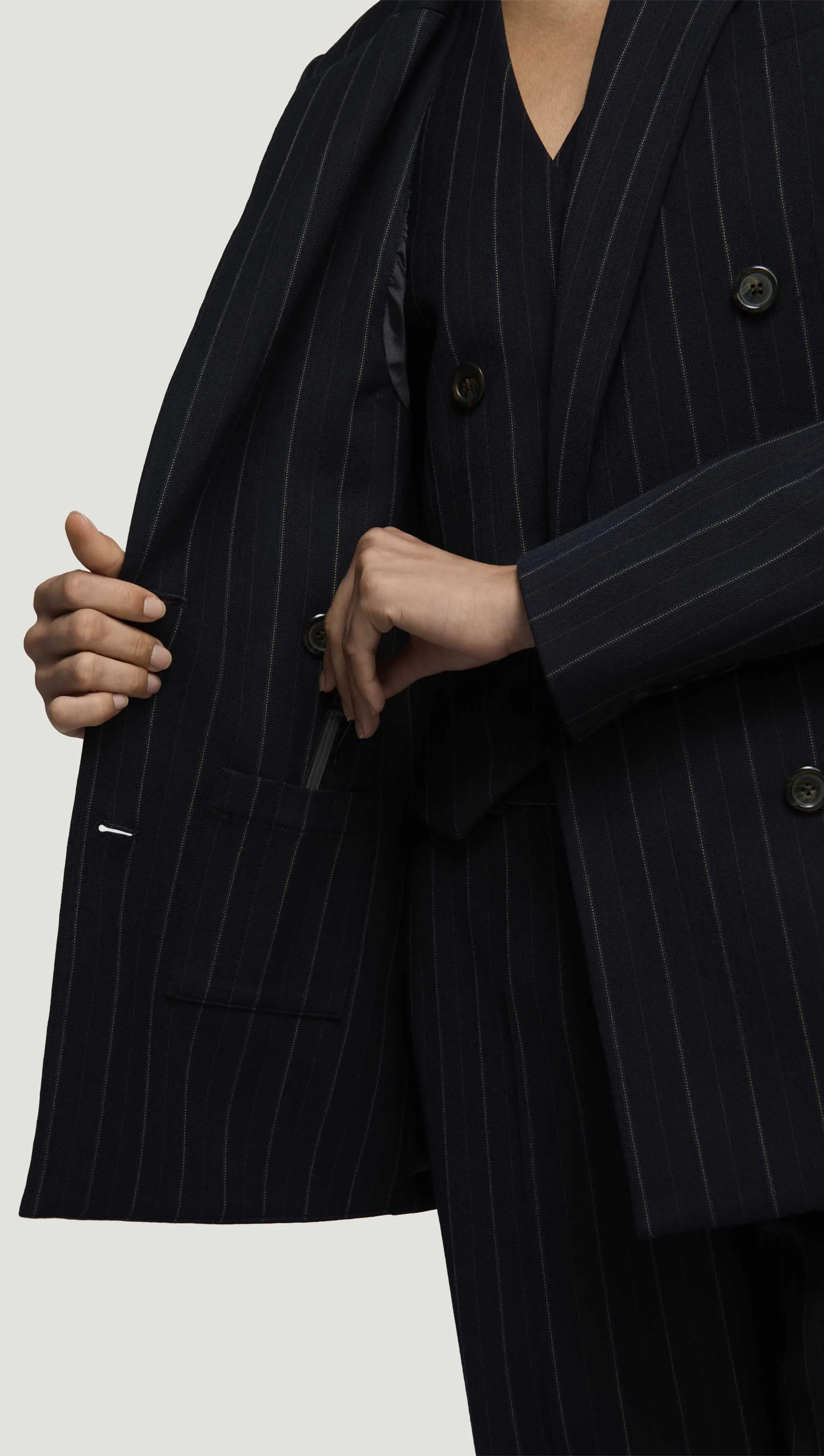 Double-Breasted Blazer in Stretch Wool | Herringbone Midnight Stripe sold by Argent product image thumbnail 5