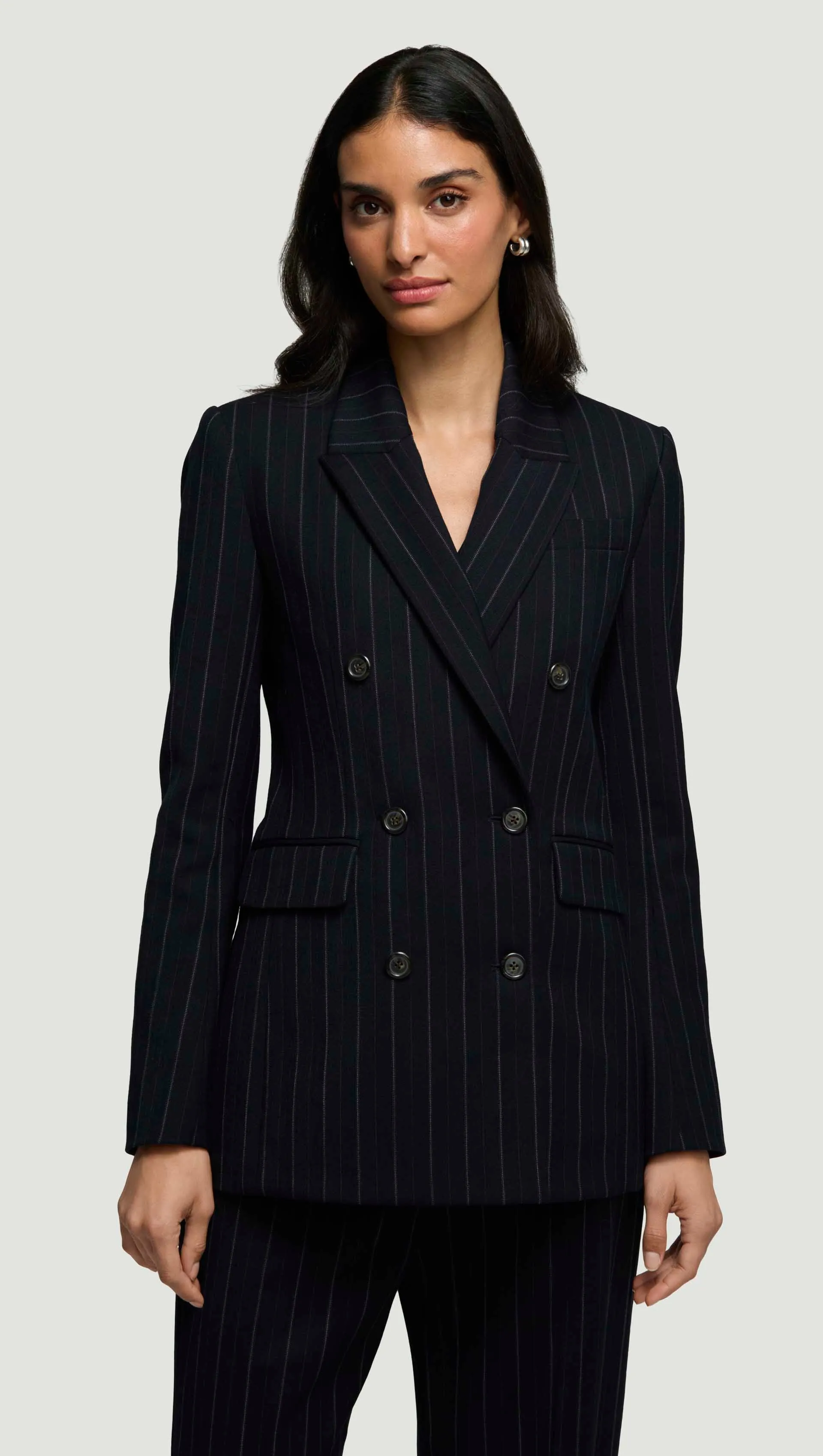 Double-Breasted Blazer in Stretch Wool | Herringbone Midnight Stripe sold by Argent