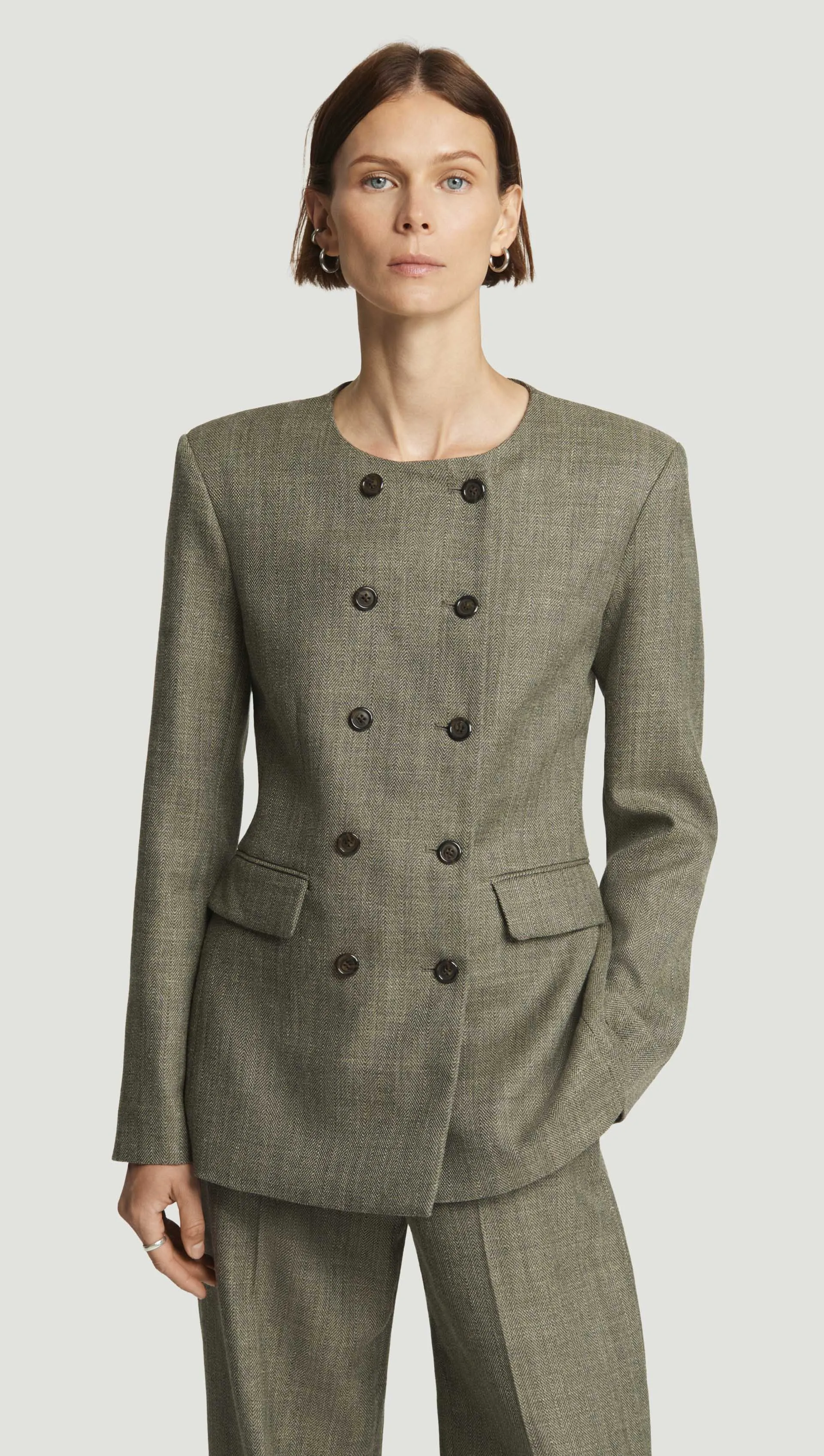 Double-Breasted Crewneck Blazer in Herringbone | Ash sold by Argent