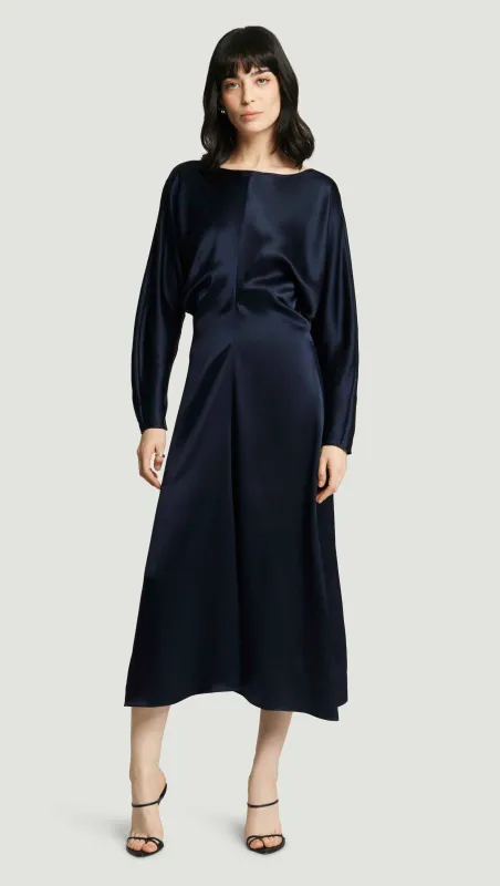 Longsleeve Draped Dress in Silk Charmeuse | Midnight sold by Argent