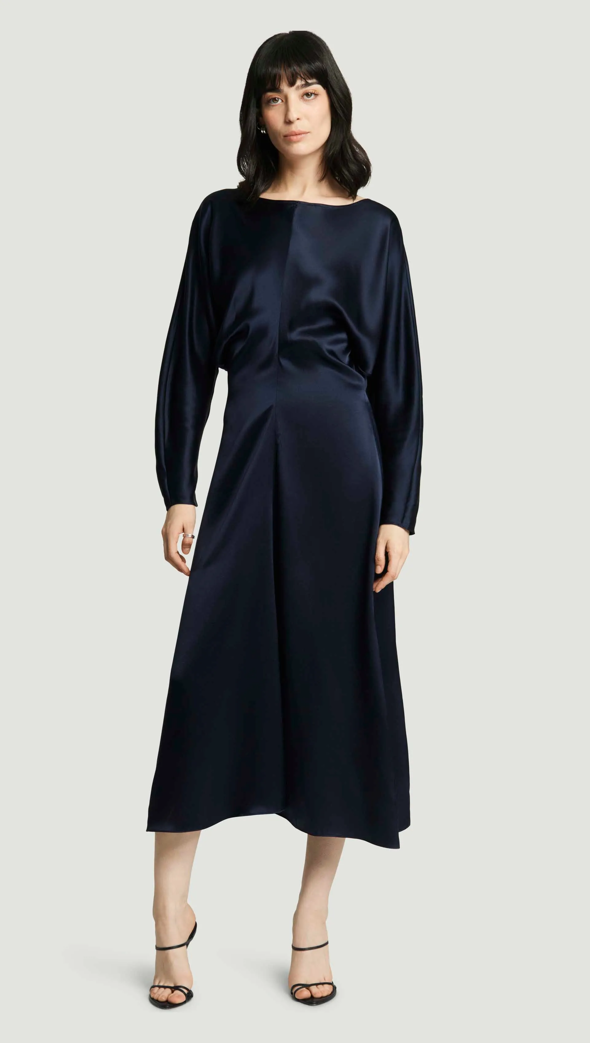Longsleeve Draped Dress in Silk Charmeuse | Midnight sold by Argent